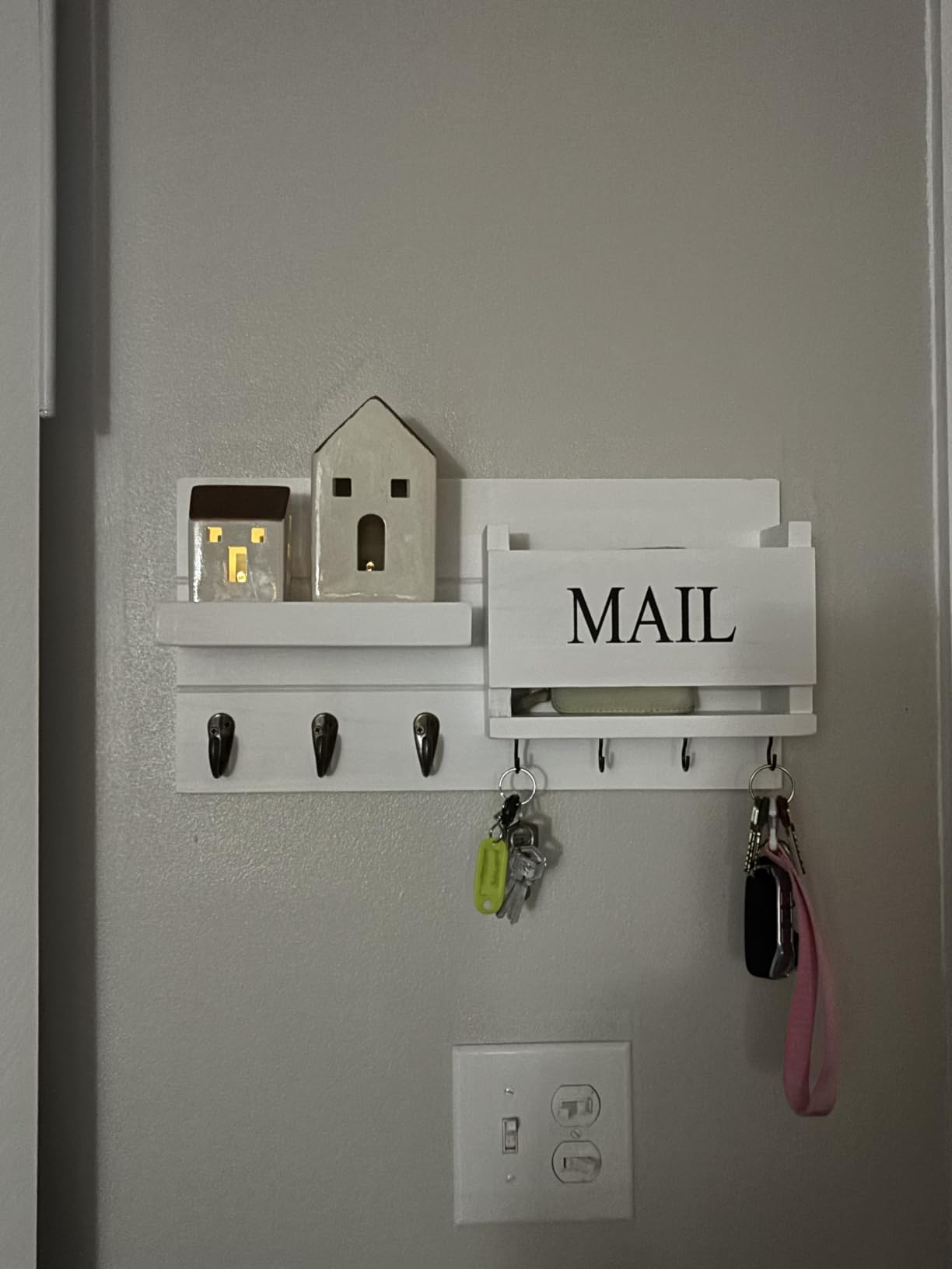 Lwenki Mail Organizer for Wall Mount – Key Holder with Shelf Includes Letter Holder and Hooks for Hallway Farmhouse Decor – Rustic Wood with Flush Mounting Hardware (16.5” x 9.1” x 3.4”) (Brown) customer photo 2