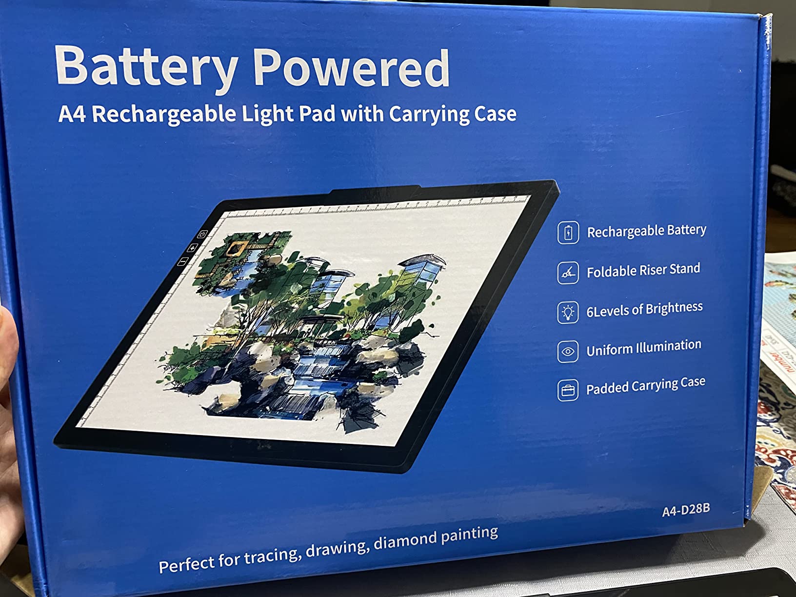 YINGWOND Rechargeable A4 LED Light Pad with Padded Case, Tracing Light Box w/Riser Stands and Paper Clip, 6 Levels of Brightness, Type-c Cable, Wireless Diamond Painting Light Board customer photo 2