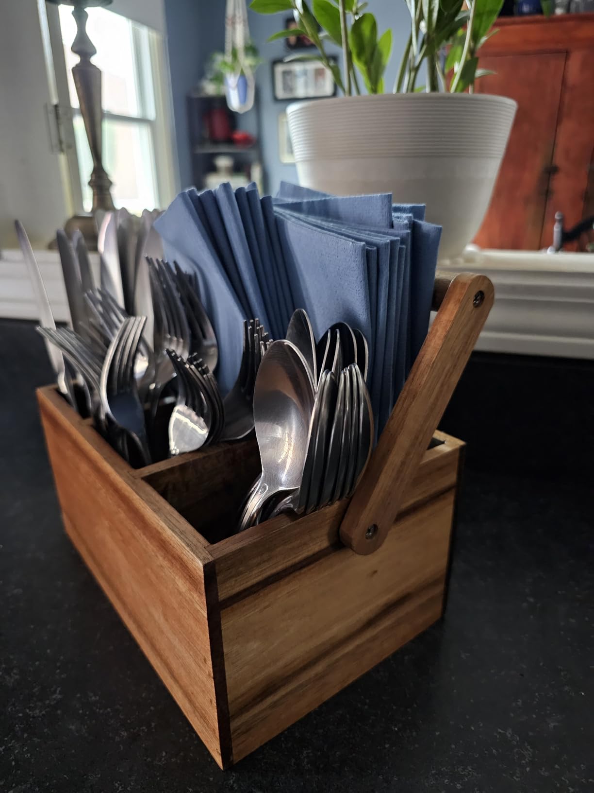 VaeFae Acacia Silverware Caddy, Utensil Holder with Handle, Medium customer photo 1