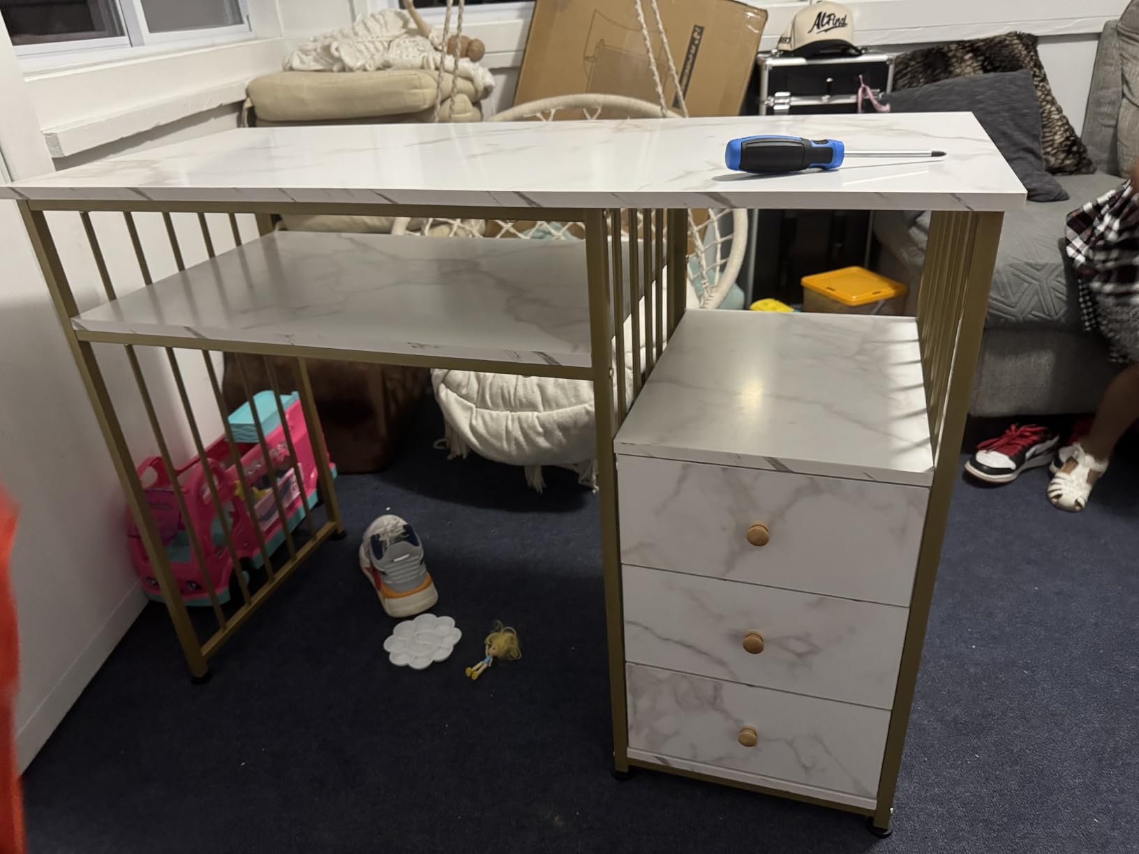 BarberPub Marble Texture Manicure Table for Storage, Gold Metal Frame 2407 customer photo 1