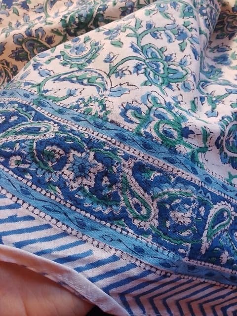 Tablecloth & Napkin, 100% Cotton, Bianca Floral White Blue Green, 60x90