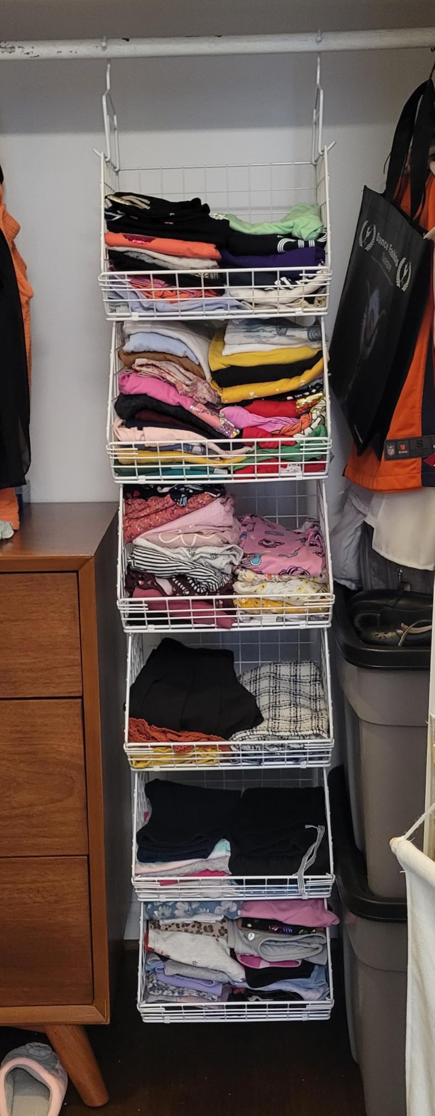 X-cosrack 6 Tier Closet Hanging Organizer, Clothes Hanging Shelves with 4 Hanging Hooks 5 S Hooks, Wire Storage Basket Bins, for Clothing Sweaters Shoes Handbags Clutches Accessories Patent customer photo 1