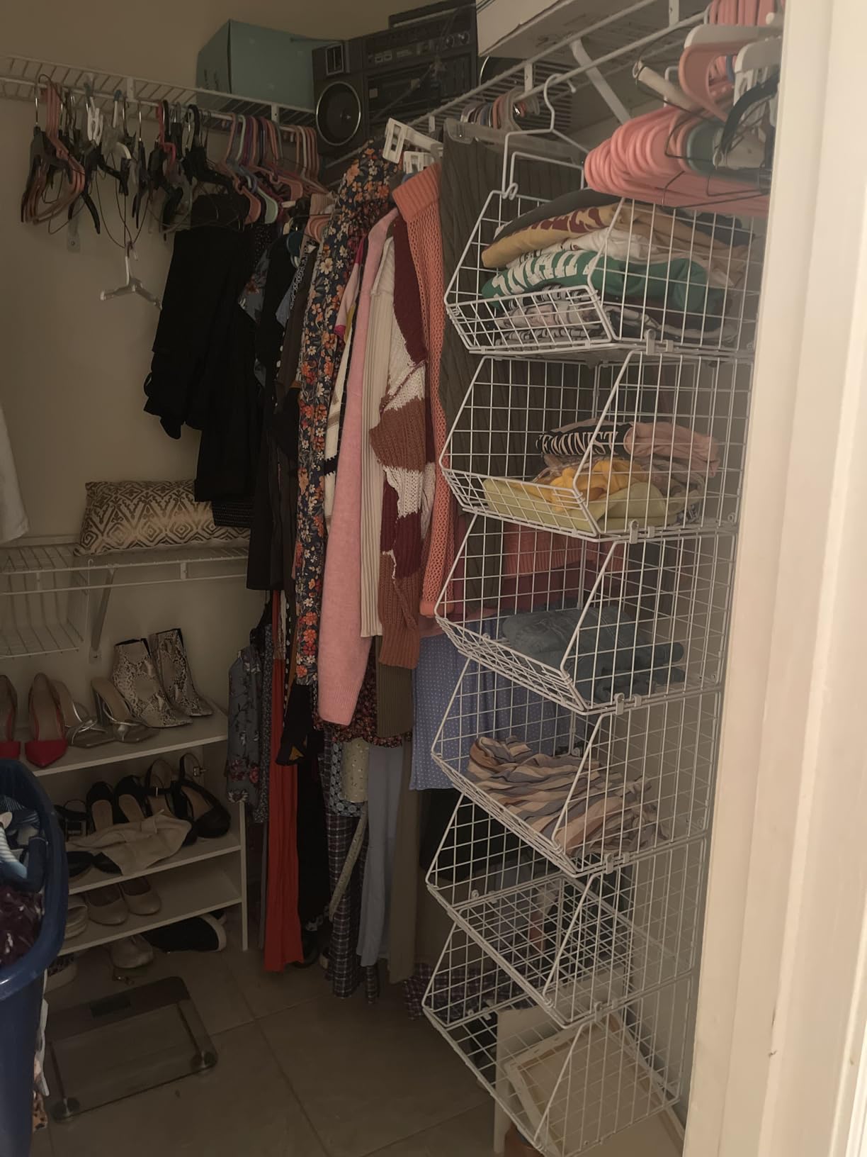 X-cosrack 6 Tier Closet Hanging Organizer, Clothes Hanging Shelves with 4 Hanging Hooks 5 S Hooks, Wire Storage Basket Bins, for Clothing Sweaters Shoes Handbags Clutches Accessories Patent customer photo 2
