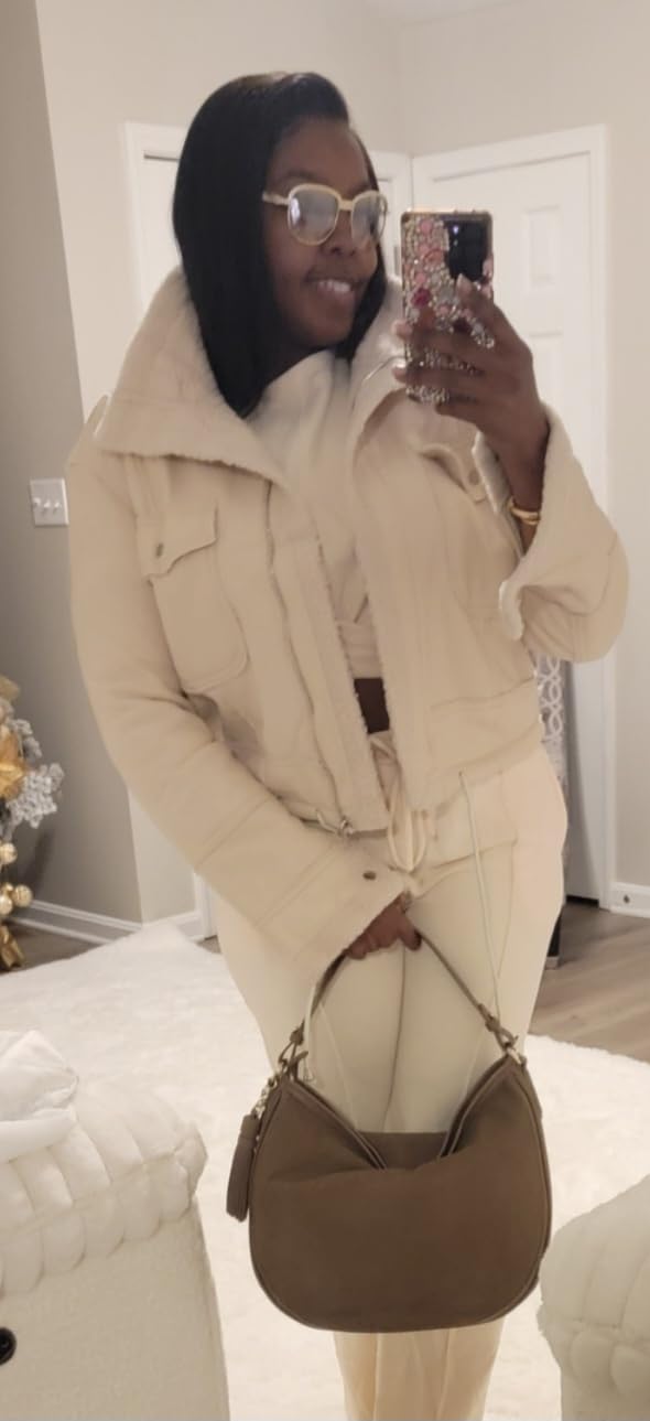 Sexyshine Women's Faux Shearing Moto Bomber Jacket Sherpa-Lined Coat Winter Aviator Leather Coat Outerwear customer photo 2