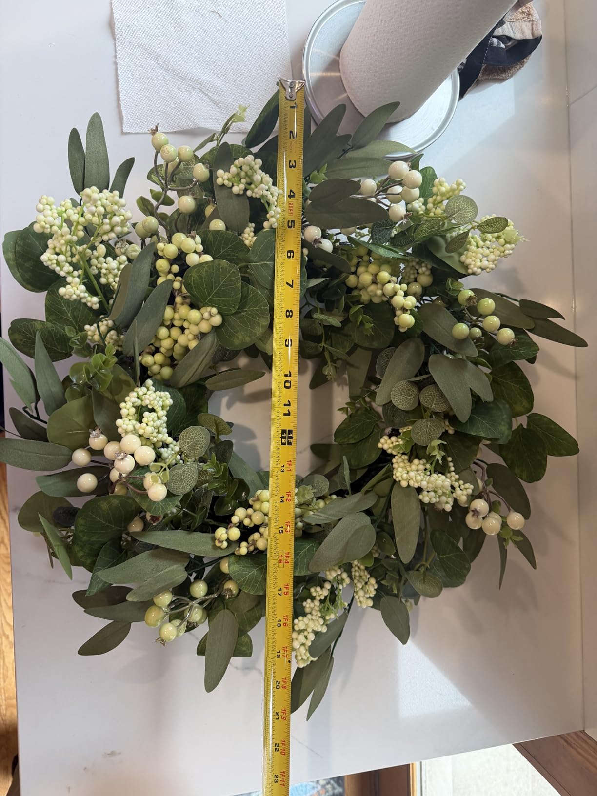 Vlorart Artificial Spring Summer Christmas Greenery Wreaths for Front Door Green Eucalyptus Leaf Wreath Decor Boxwood with Big Berries for Farmhouse Outside Year Round customer photo 2