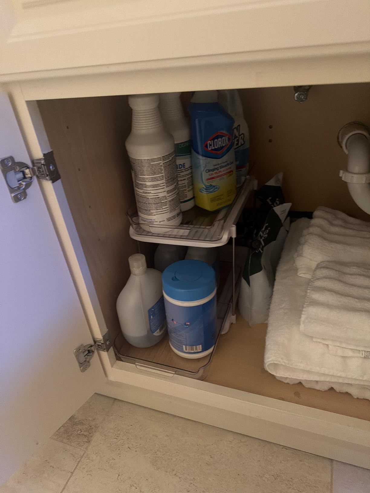 Delamu 2-Tier Multi-Purpose Bathroom Under Sink Organizers and Storage, Stackable Kitchen Pantry Organization, Pull Out Medicine Cabinet Organizer with Movable Dividers, White, 2 Pack customer photo 1