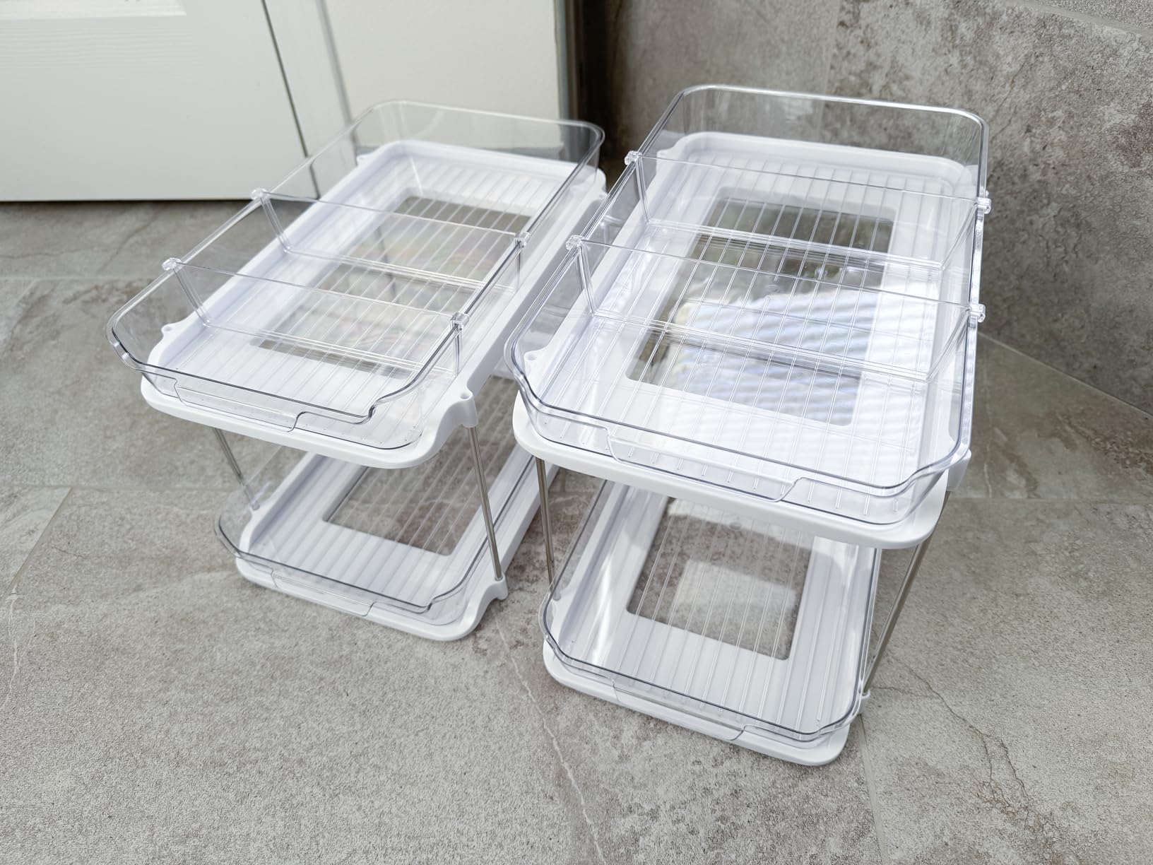 Delamu 2-Tier Multi-Purpose Bathroom Under Sink Organizers and Storage, Stackable Kitchen Pantry Organization, Pull Out Medicine Cabinet Organizer with Movable Dividers, White, 2 Pack customer photo 2