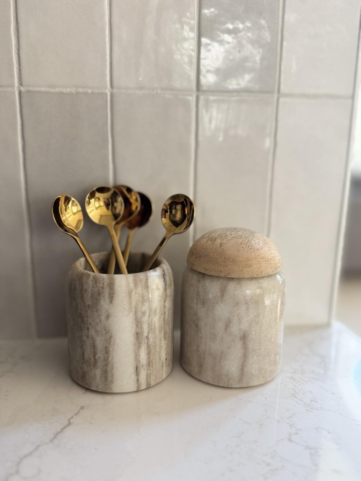 Creative Co-Op Modern Marble Canister with Wood Lid, Natural customer photo 1