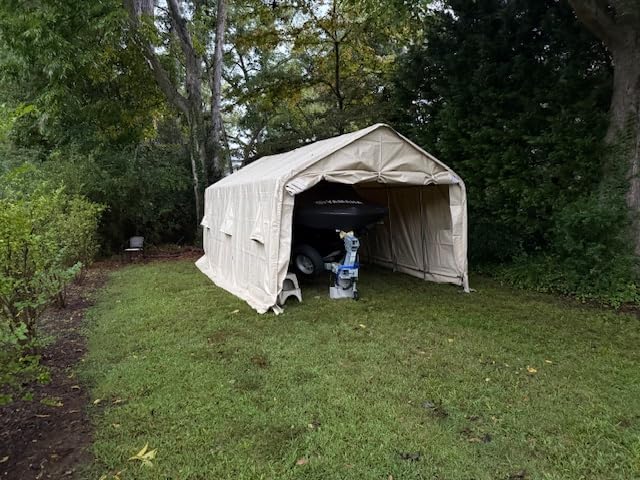ADVANCE OUTDOOR 8x14 ft Steel Metal Peak Roof Portable Garage Shelter Storage Shed Carport for Motorcycle, Bike or Garden Tools with 2 Roll up Doors & Vents, Beige customer photo 2