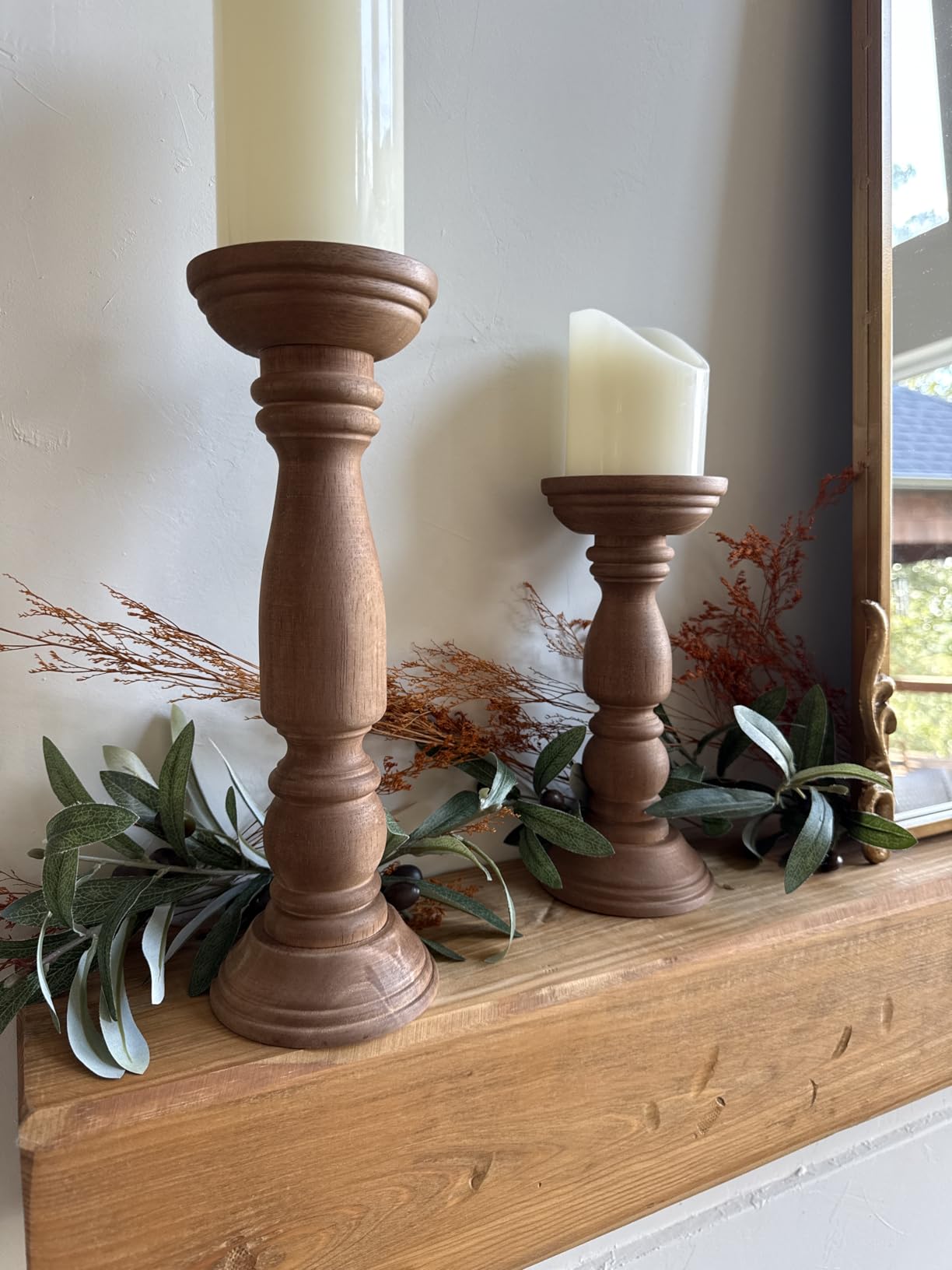 BANOMII Farmhouse Wooden Candle Holders for Pillar Candles Set of 3, Rustic Wood Candle Holder Table Centerpiece Decor, 12'' 9'' 6'' Vintage Tall Candle Stand Decorative, Brown customer photo 1