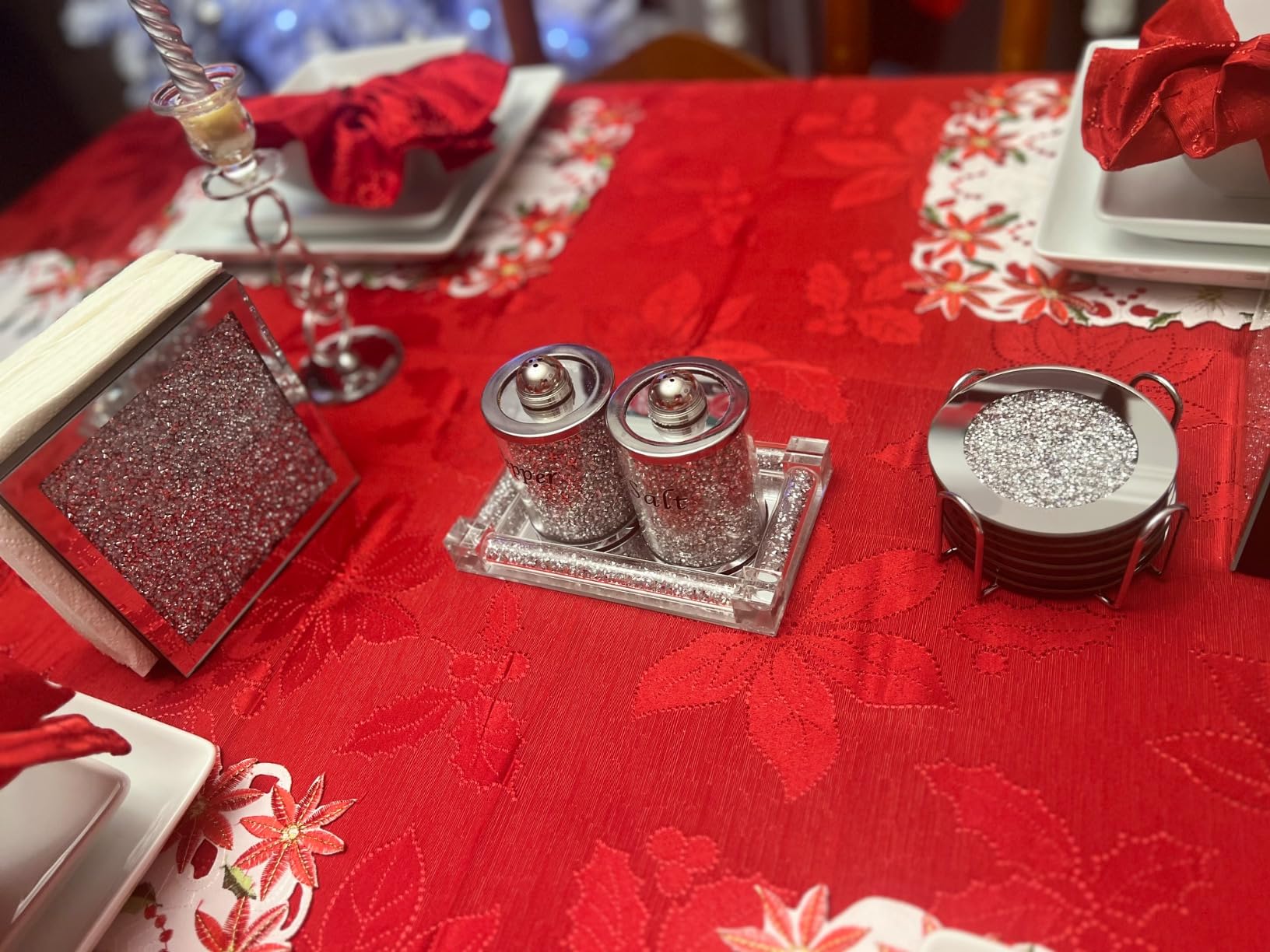 Crystal Salt and Pepper Shakers Set with Tray, Sparkly Crystal Crushed Diamond House Decor for Kitchen, Bling Salt Pepper Jar Container Pot for Countertop, Silver customer photo 2