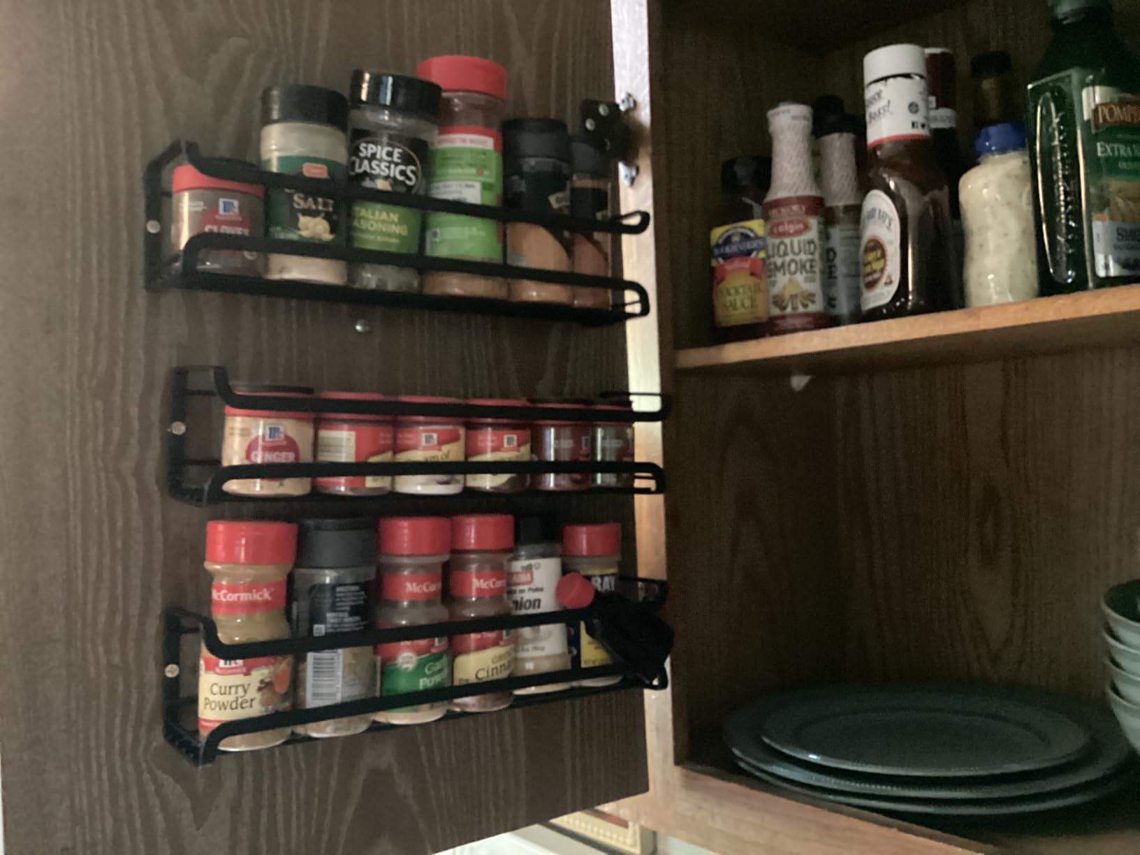 Bunoxea Spice Rack Wall Mounted 4 Pack, For Spice Jars & Seasonings, Black | 4 Removable Hooks, Screw or Adhesive Hanging, Space-Saving, For Kitchen Cabinet, Pantry Door, Stove, RV Use, 11.41x2.75x2.75in customer photo 1