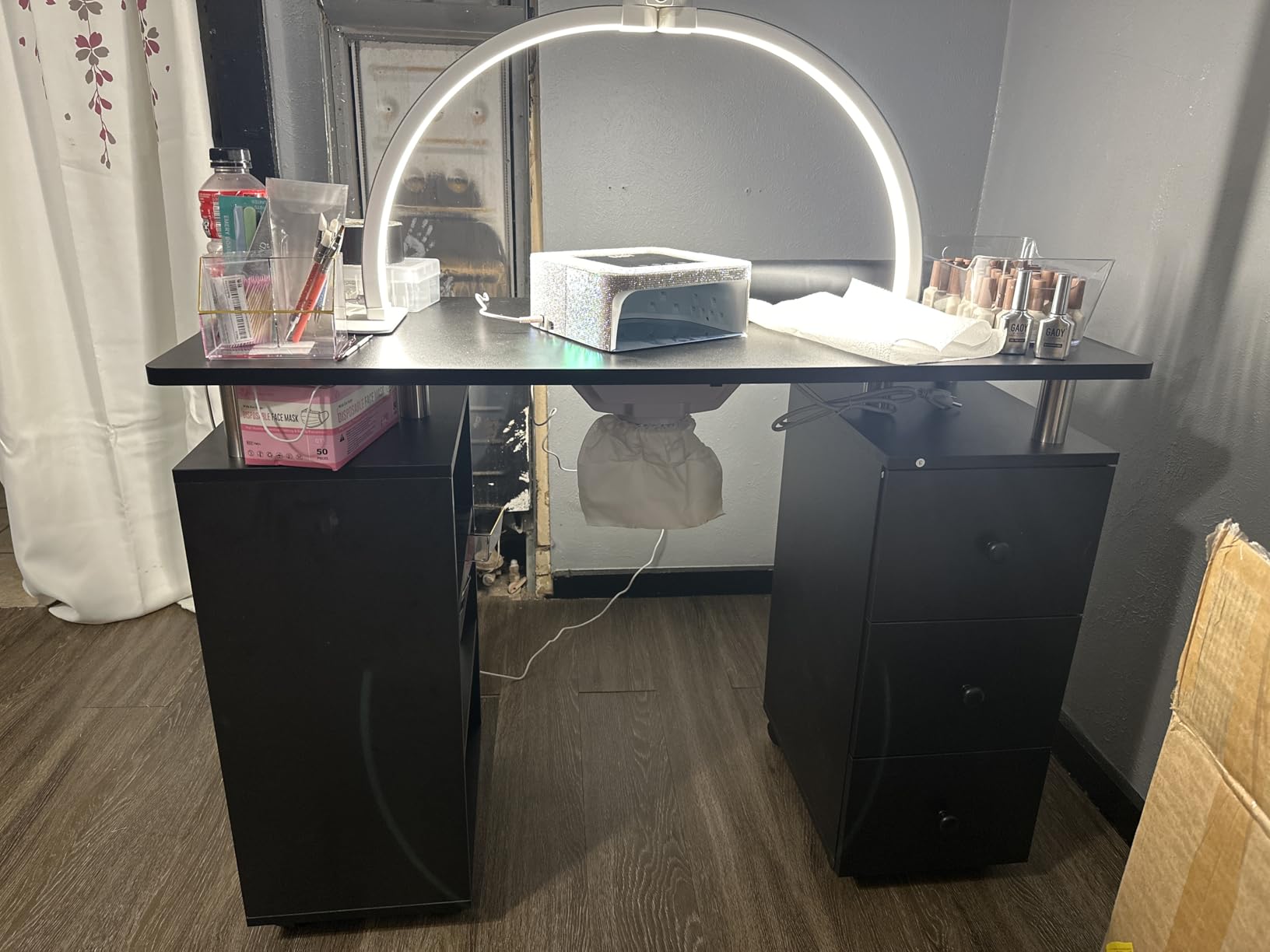 OmySalon Manicure Table Nail Desk for Nail Tech, Nail Table Beauty Salon Tech Station w/Electric Downdraft Vent, Lockable Wheels,Wrist Cushion,Storage Shelves & Drawers customer photo 1