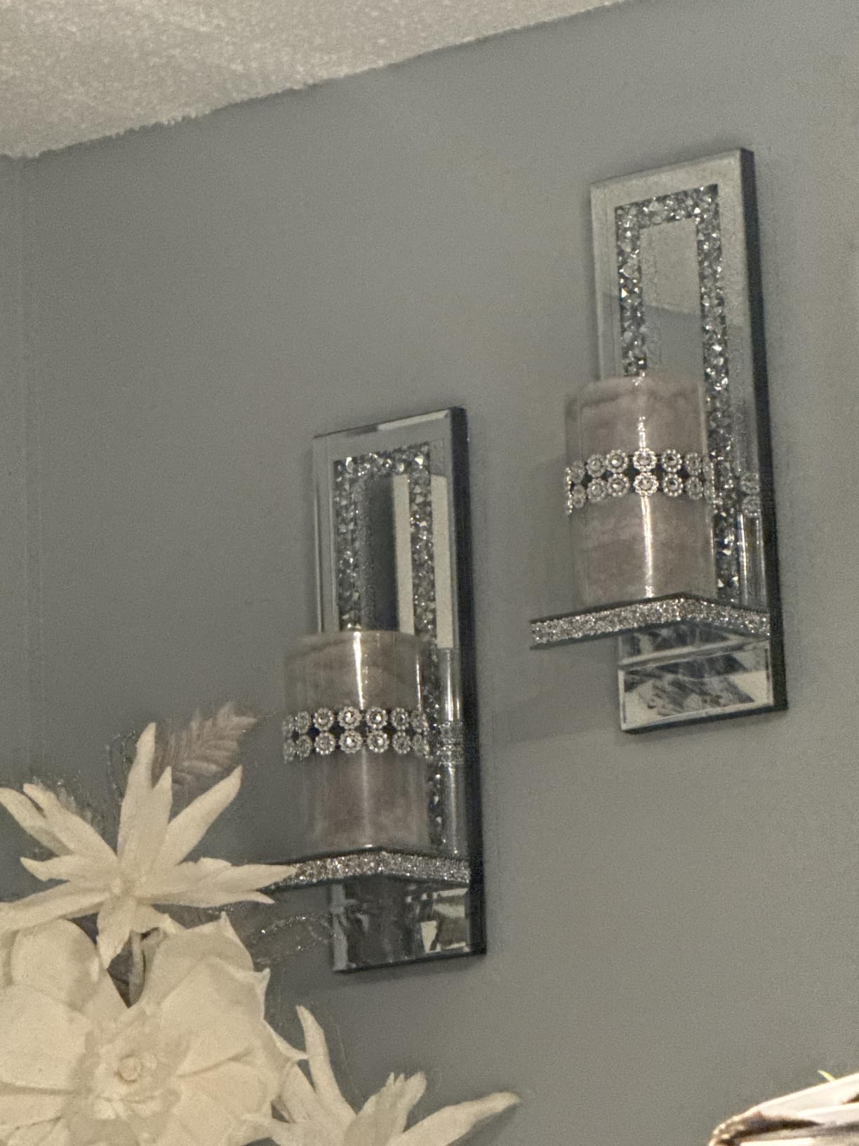 Mirrored Wall Candle Sconces Holder Set of 2, Wall Decor Living Room | Crystal Crushed Diamond Silver Wall Decorations, Ideal for Entryway, Hallway, Bedroom, Dining Room customer photo 2