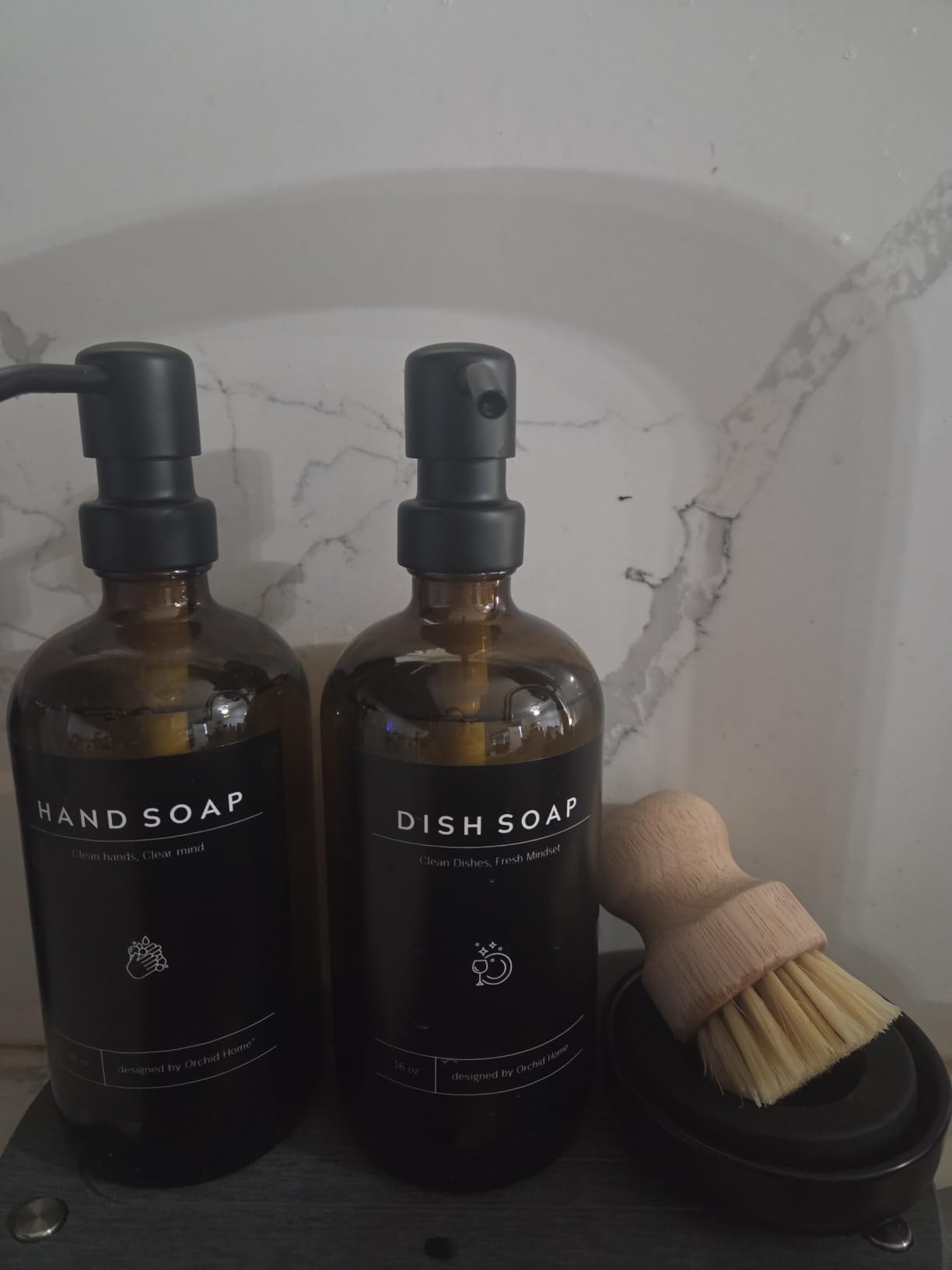 [Luxury] Kitchen Soap Dispenser Set - 16OZ Amber Glass Bottle, Stainless Steel Pump, Instant Dry Tray, Waterproof Labels, Non-Slip Silicone Pad, and Dish Brush | Upgrade for Your Kitchen and Bathroom customer photo 2