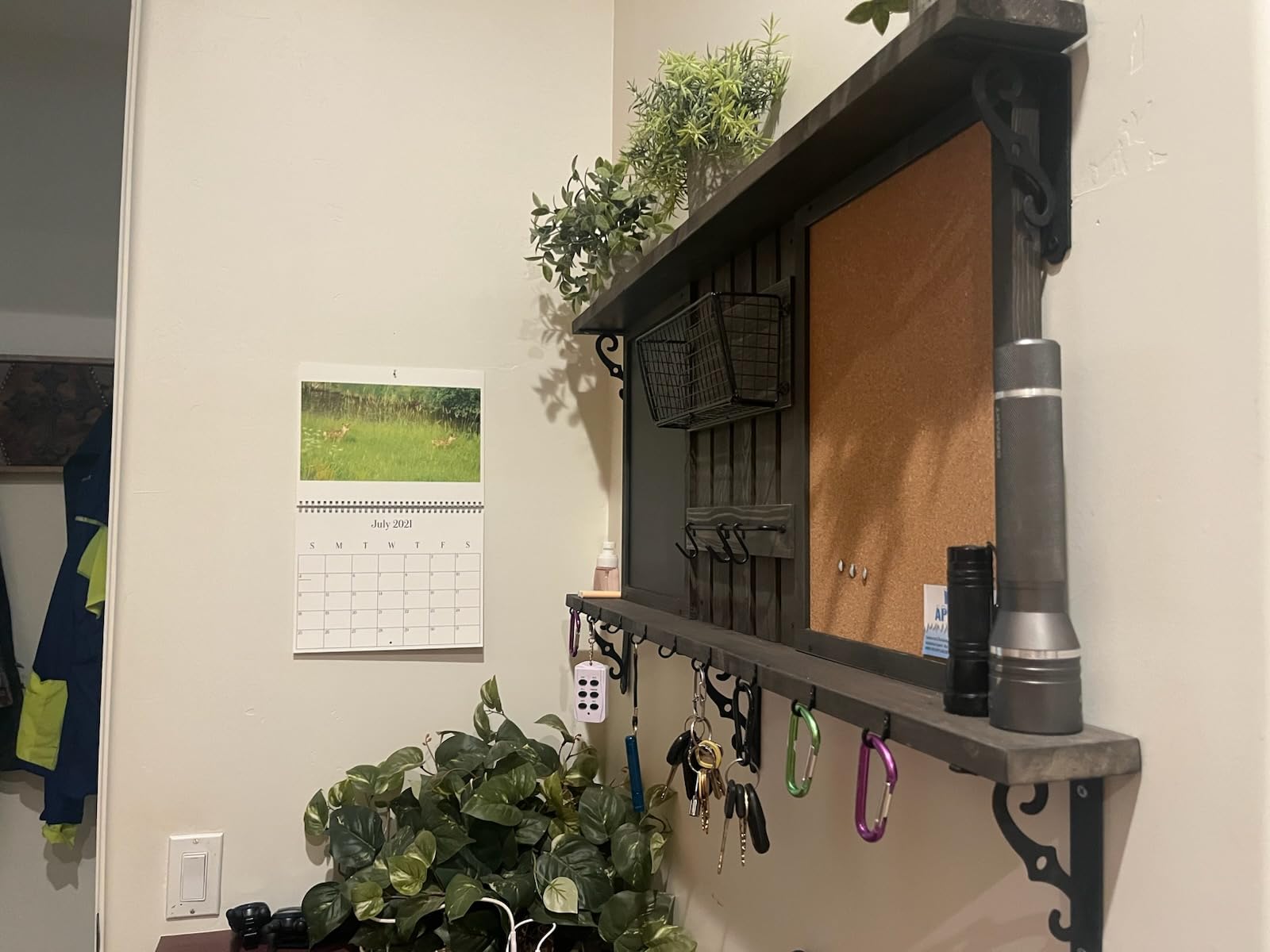 MyGift 3 Panel Wall Mounted Entryway Bulletin Board Combo Set | Rustic Burnt Solid Wood Frame with a Chalkboard, Cork Board, Black Metal Mail Basket, and Hanging Rail Message Display Office customer photo 1