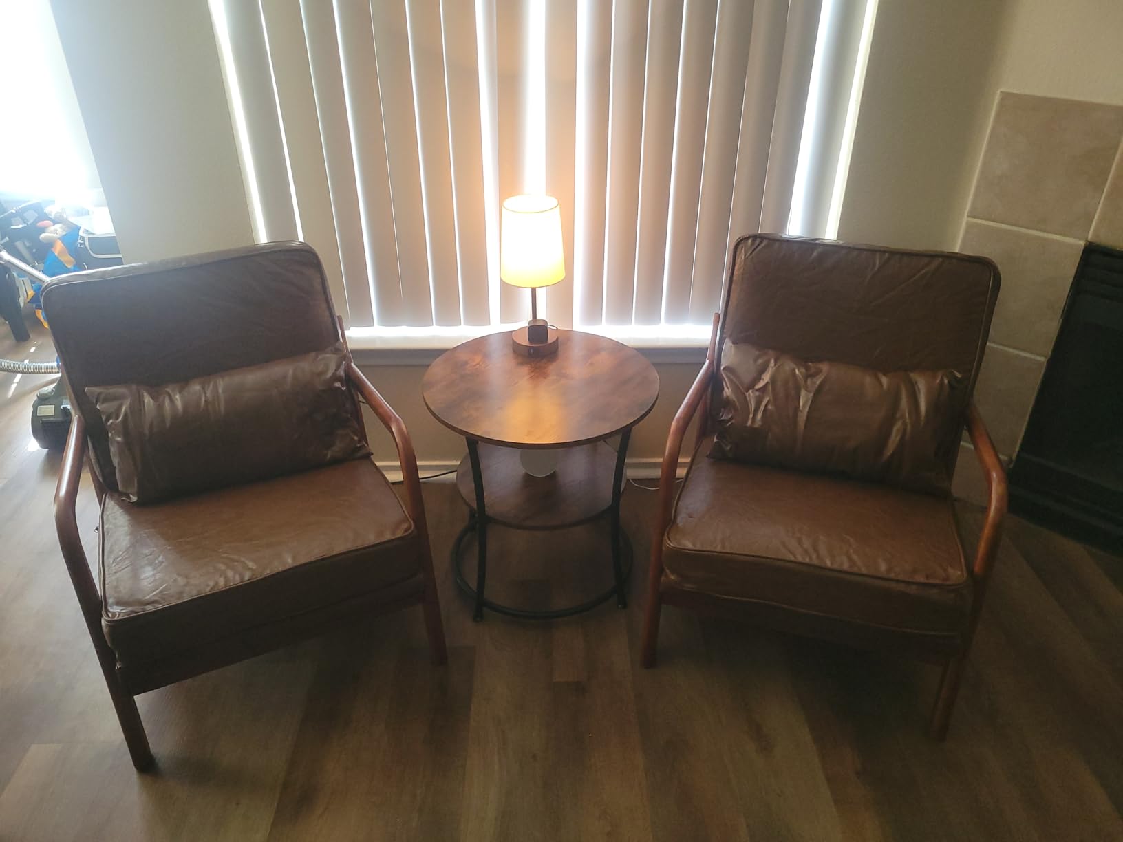 Mid Century Modern Accent Chair Set of 2 Living Room- Comfy Solid Wood Arm Chair with Lumber Pillow Lounge Decorative Brown Leather Office Side Chair Bedroom Reading Nook Sillas De Sala Microfiber customer photo 1