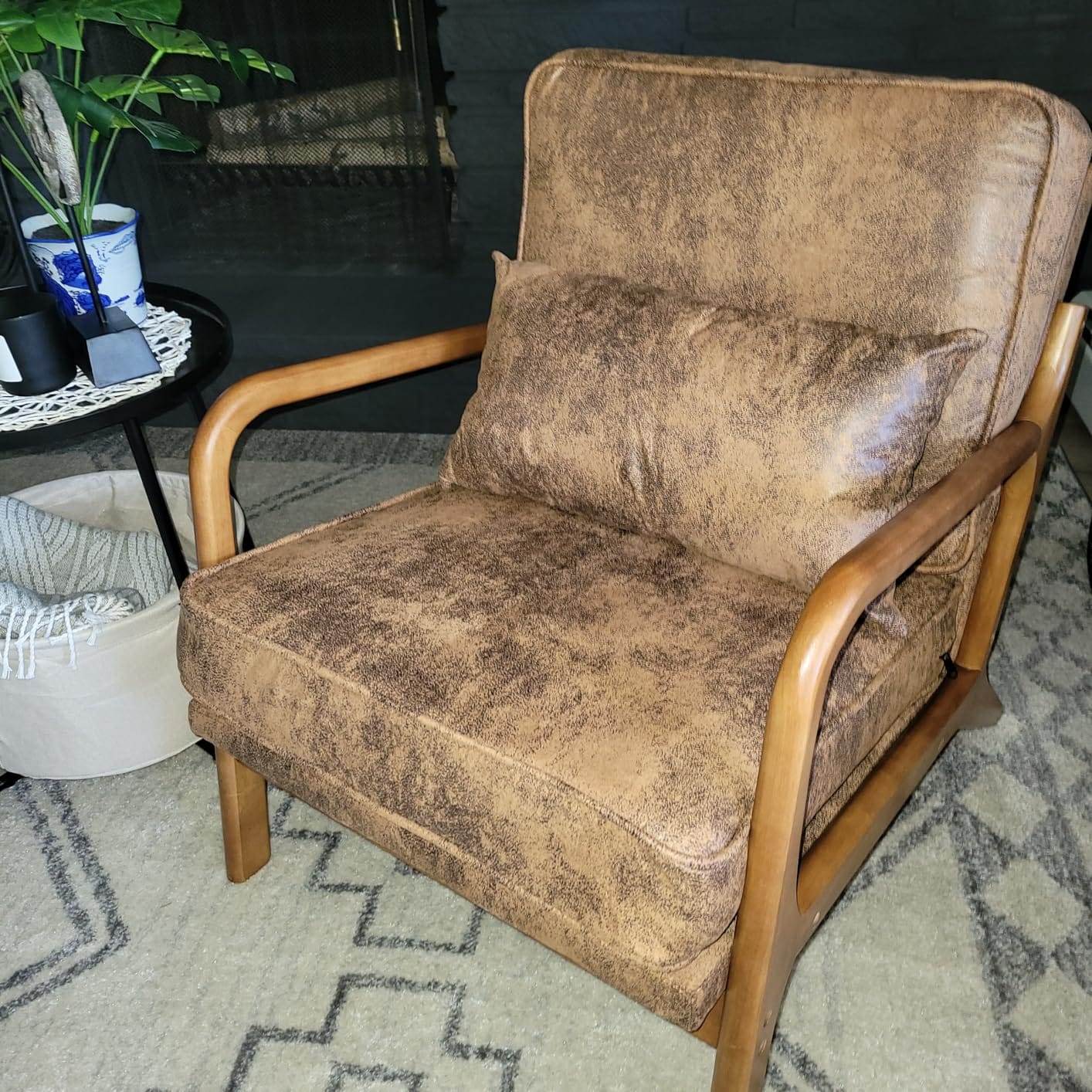 Mid Century Modern Accent Chair Set of 2 Living Room- Comfy Solid Wood Arm Chair with Lumber Pillow Lounge Decorative Brown Leather Office Side Chair Bedroom Reading Nook Sillas De Sala Microfiber customer photo 2