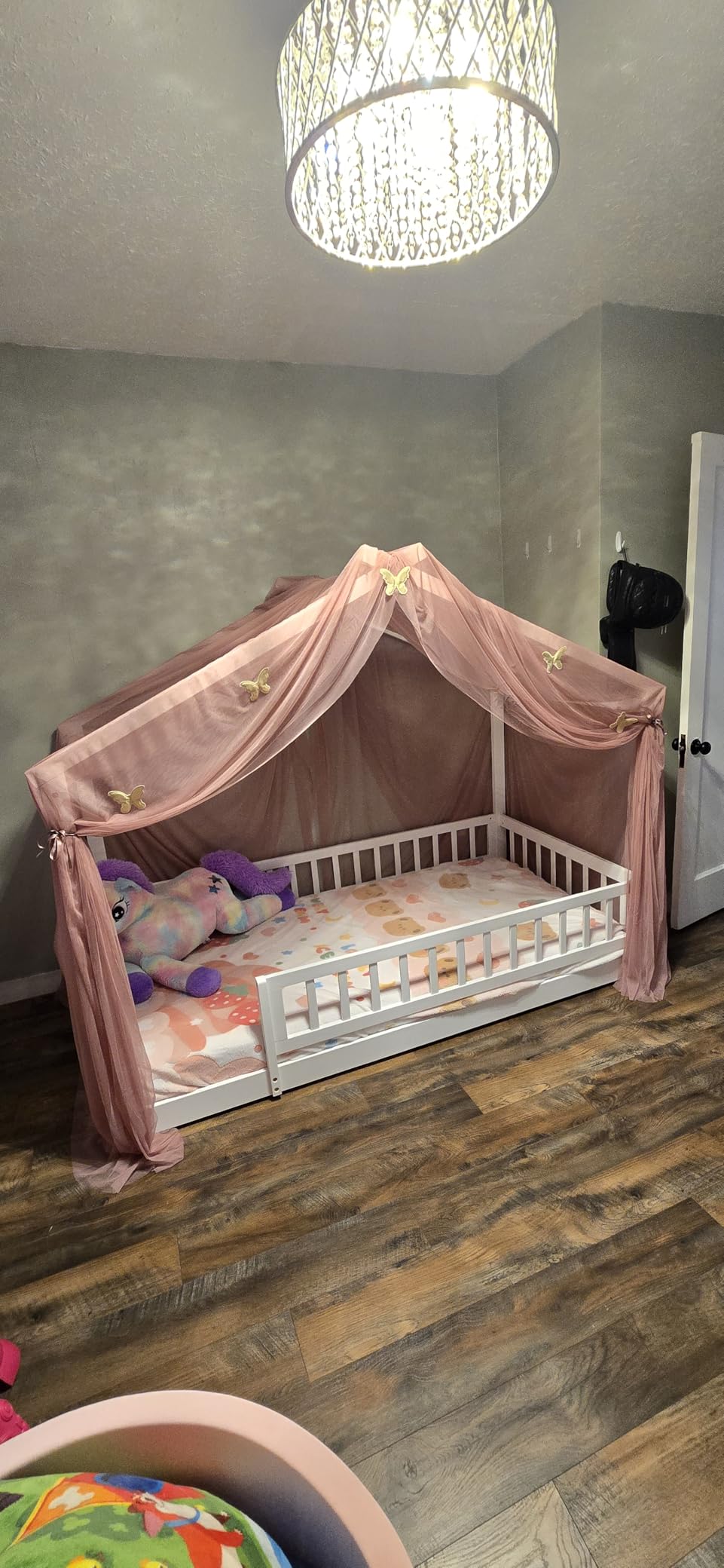 LLS Full Size House Bed with Fence, Wooden Montessori Bed with Slats Support, Floor Bed Frame for Boys Girls Bedroom, Natural customer photo 2