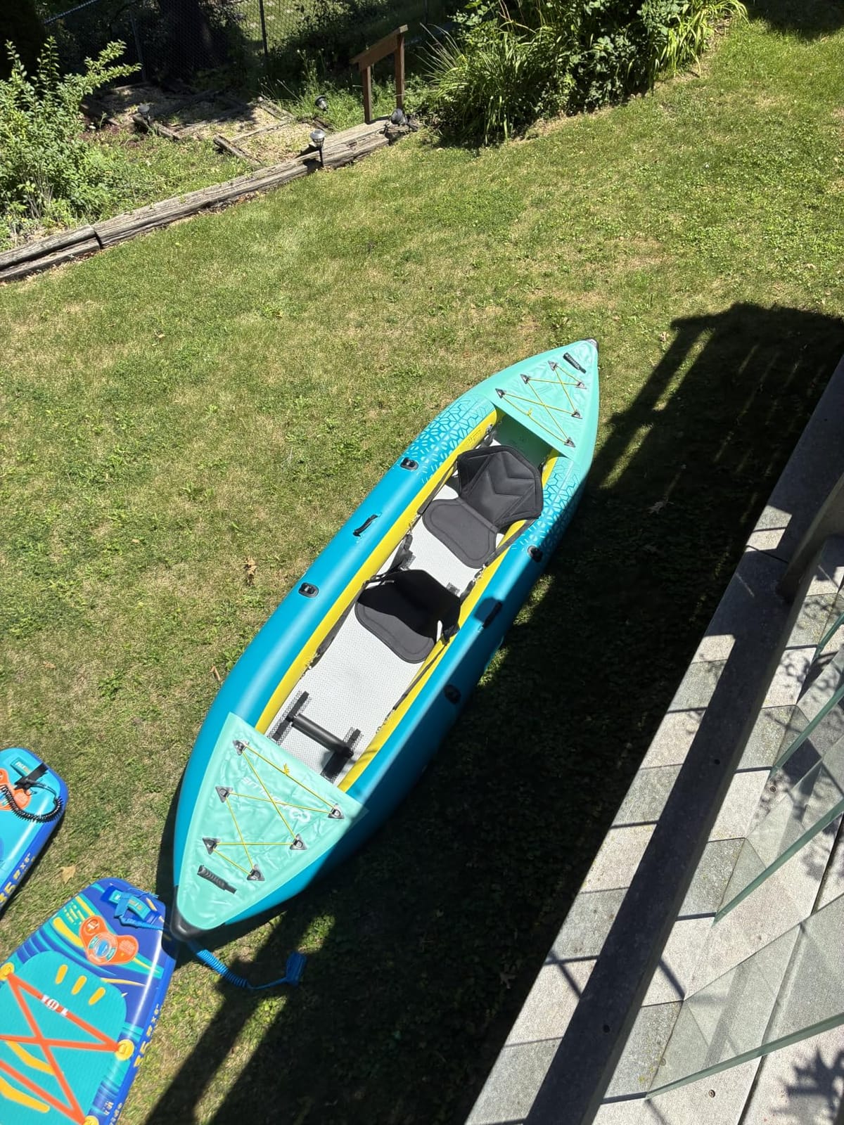 GYMAX Inflatable Kayak, 12.5Ft 507lbs Tandem Kayak with 2 Aluminum Paddles, 2 Padded Seats, Footrests, 2 Fins, Hand Pump, Carry Bag & Repair Kit, 2 Person Fishing Touring Kayak for Adults customer photo 2