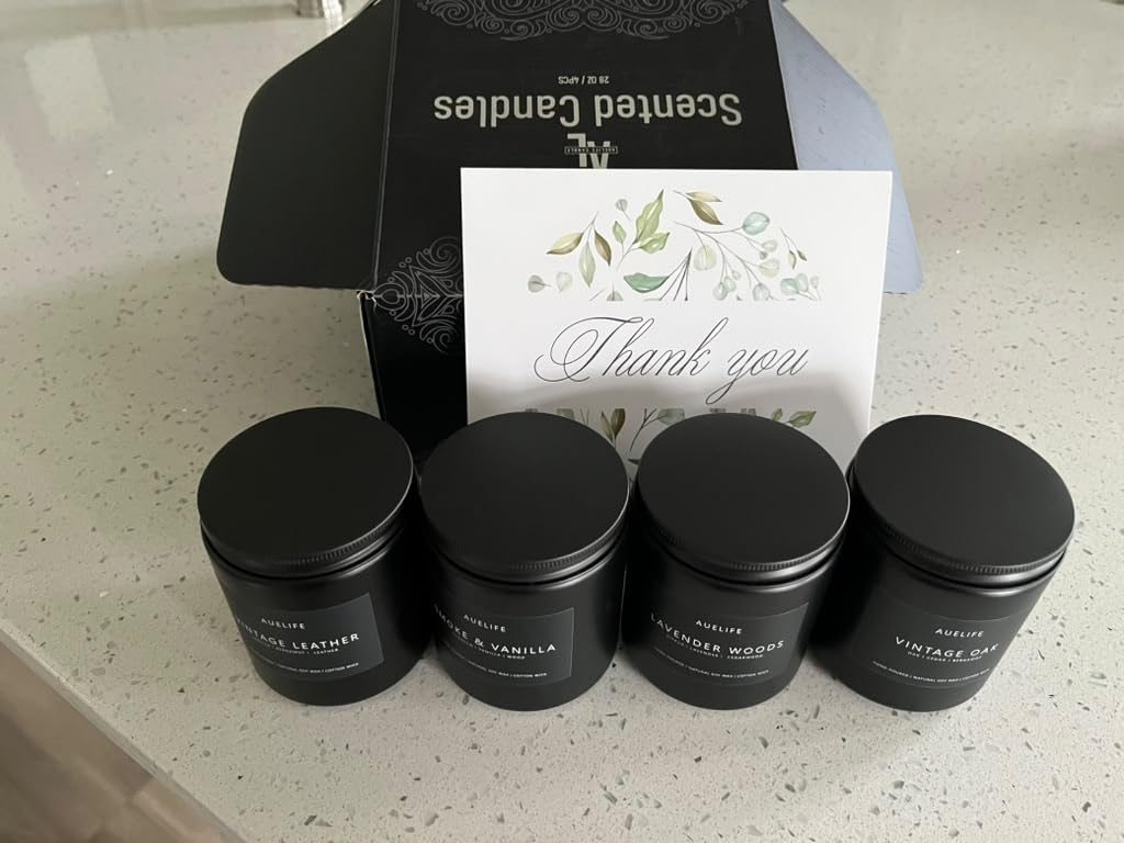 Auelife Candles for Men Gift Set, 4 Pack Soy Wax, Masculine | Men's aromatherapy candles; home scented; long lasting 200-hr burn total; smoke & vanilla, leather, oak, lavender wood customer photo 1