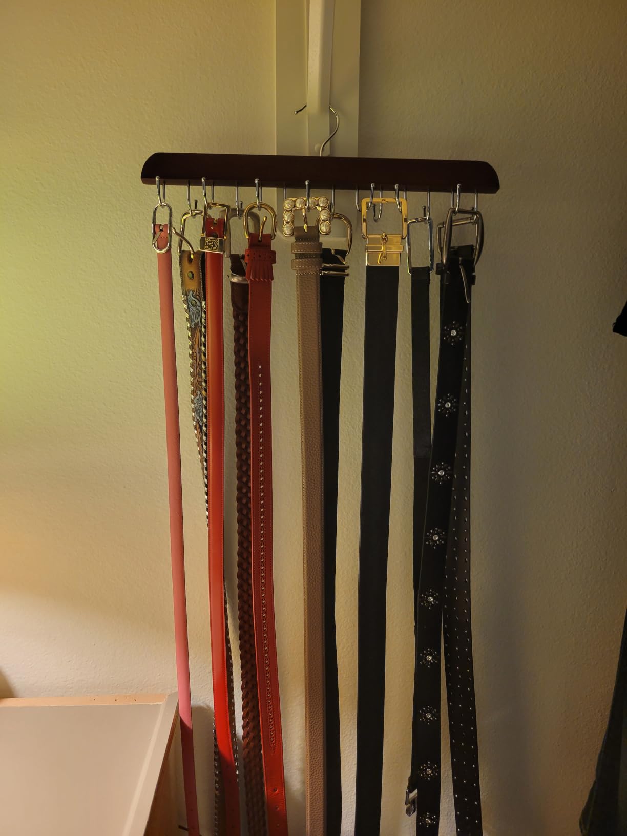 Belt Hanger for Closet Max 42 Belts, Belt Organizer Closet Accessories | Sturdy Wood Belt Holder with 14 Rustproof Metal Hooks, Space Saving Belt Rack for Closet Organizers and Storage - Black customer photo 1