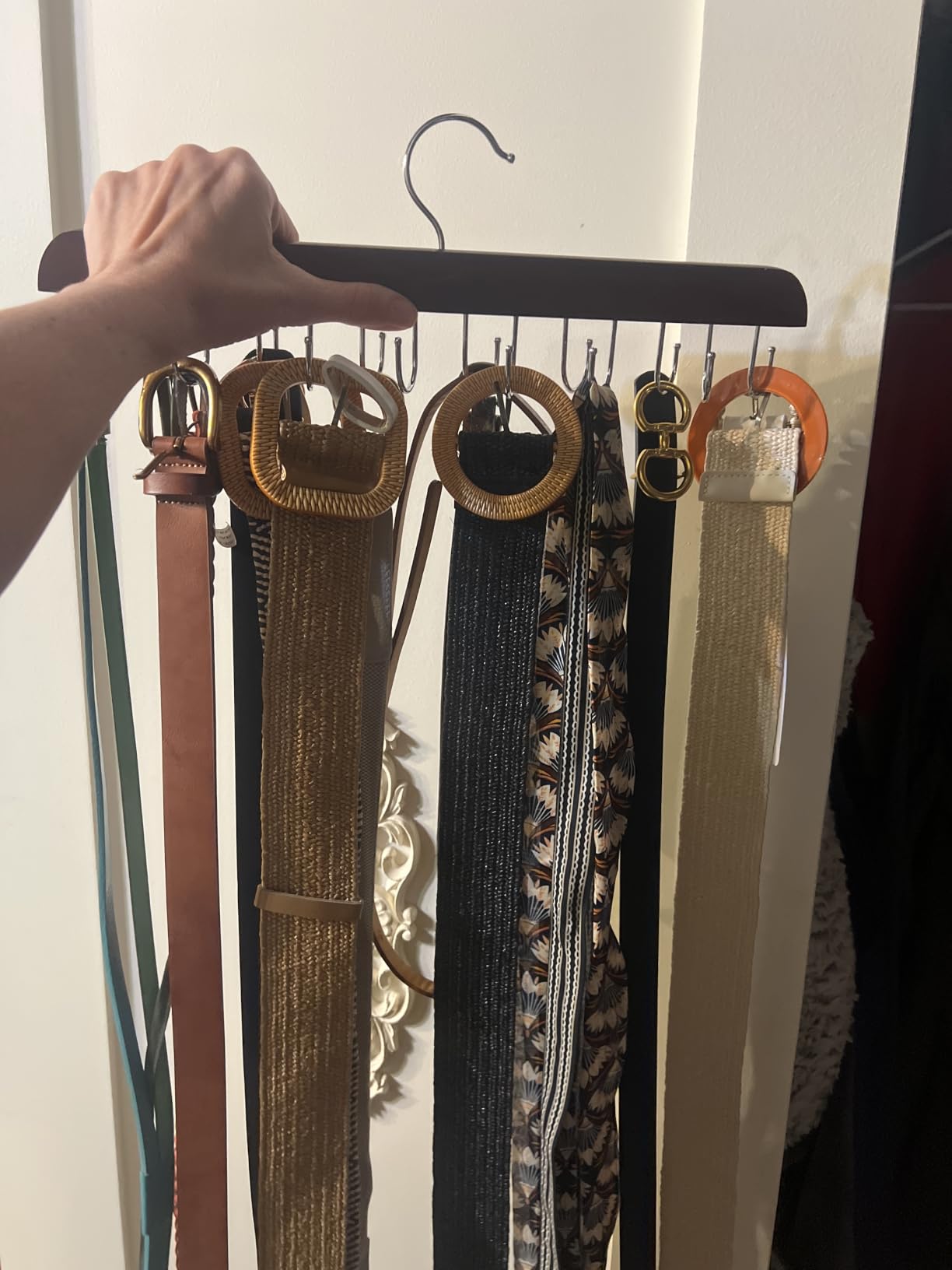 Belt Hanger for Closet Max 42 Belts, Belt Organizer Closet Accessories | Sturdy Wood Belt Holder with 14 Rustproof Metal Hooks, Space Saving Belt Rack for Closet Organizers and Storage - Black customer photo 2