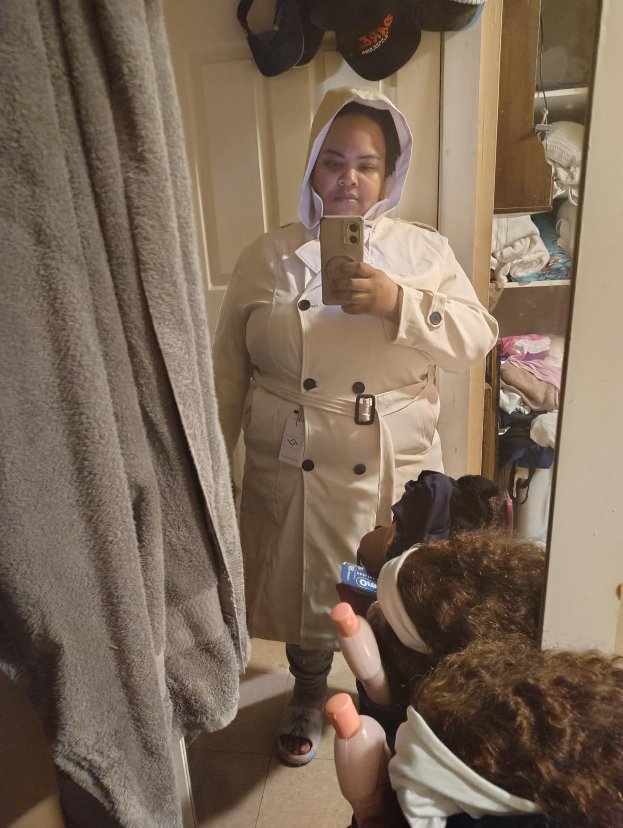 Garemcy Women's Long Waterproof Trench Coat Double Breasted Classic Lapel Coat Belted with Detachable Hood customer photo 2