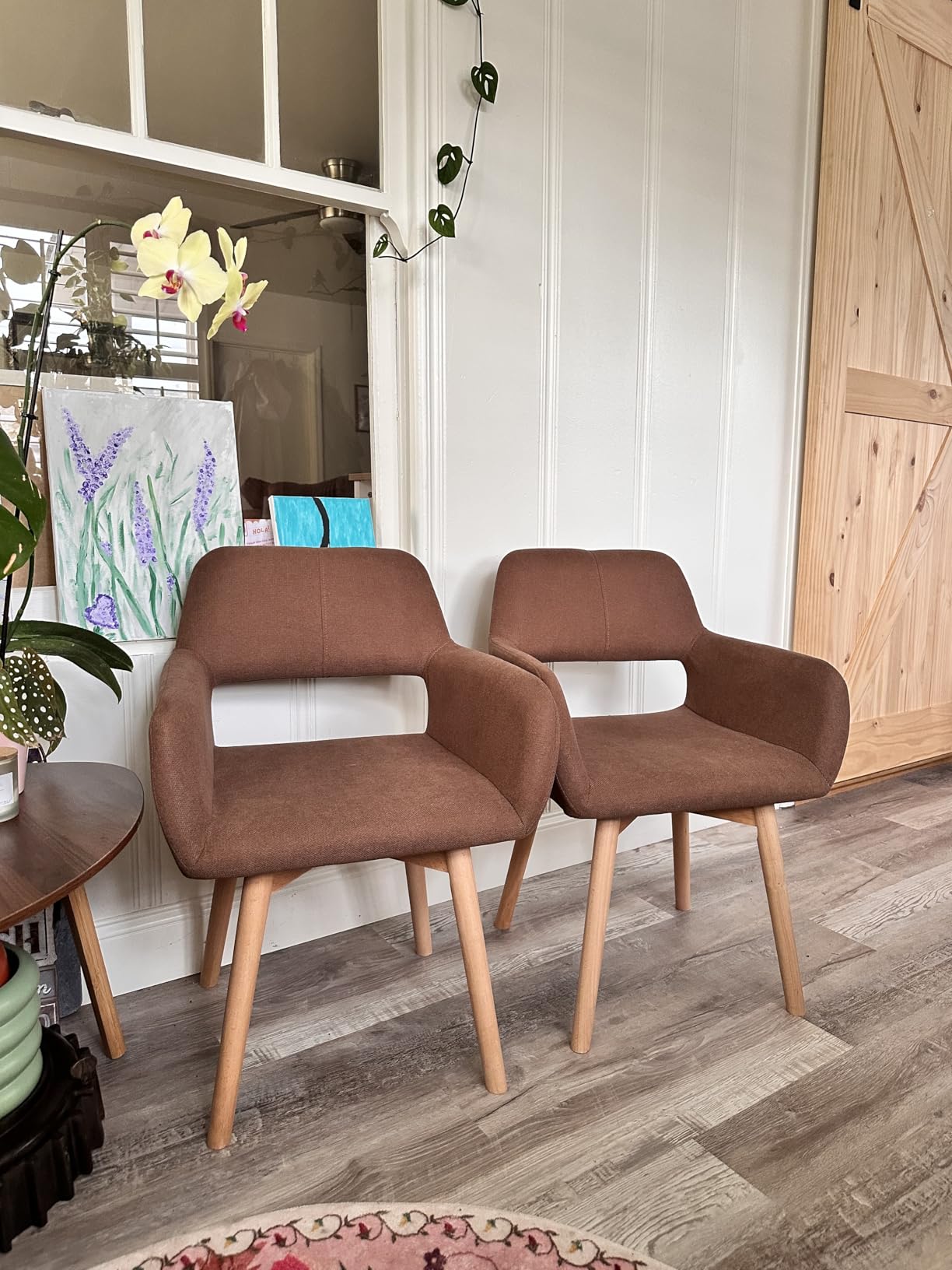 Desk Chair No Wheels Vanity Chair Makeup Chair Comfy Accent Chair for Living Dining Room Bedroom Home Office Mid Century Modern Upholstered Armchair Sofa with Wood Legs (Wool White, 1) customer photo 1