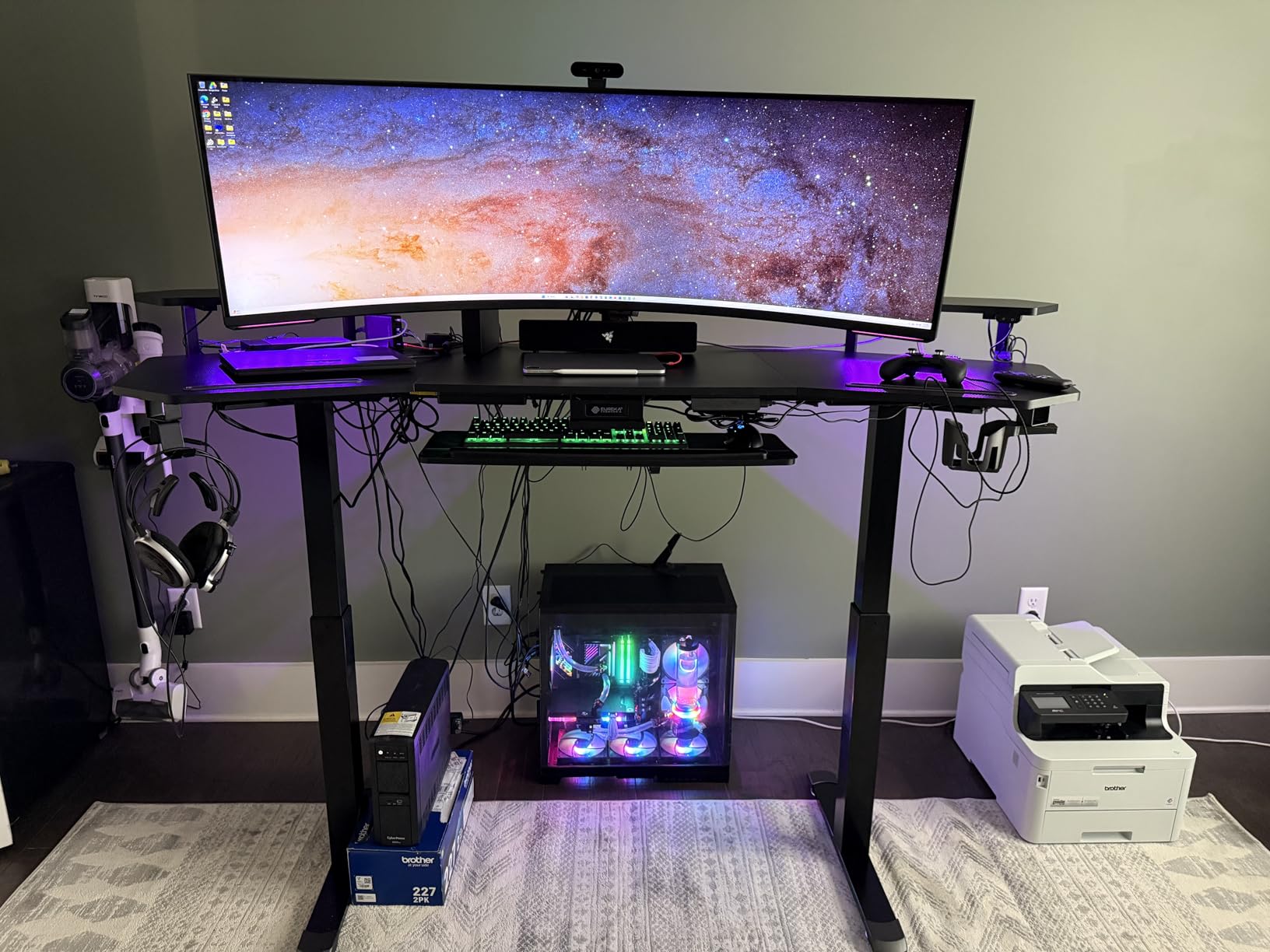 EUREKA ERGONOMIC Standing Desk with Keyboard Tray, Large Music Studio Gaming Desk, Wing Shaped Sit Stand Table 72'', LED Convertible Shelves, Dual Motor&Slot, Maple customer photo 2