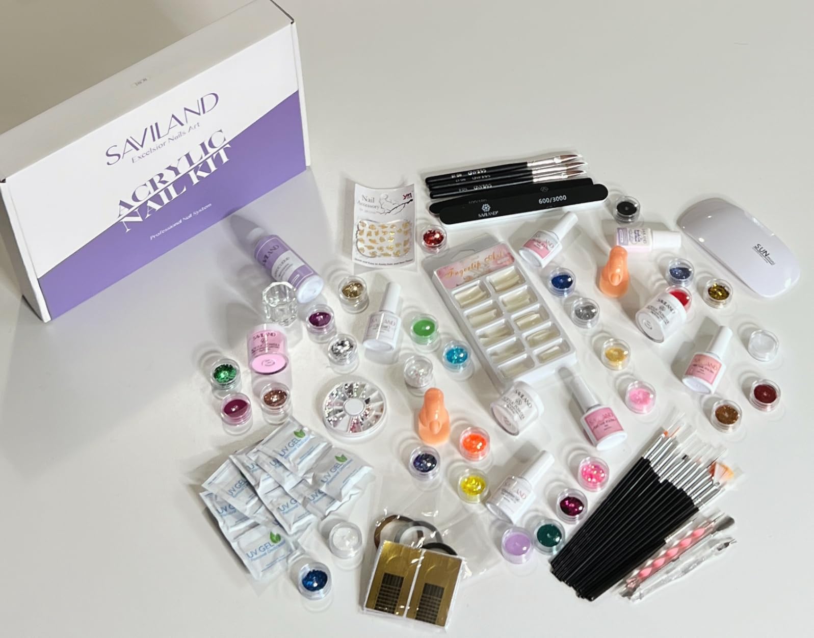 SAVILAND Acrylic Nail Kit with Drill for Beginners, White Pink Clear | Acrylic Powder and Liquid, 100 Forms, Size 8 10 12 Brushes, Primer, Top Gel & Tools, For Extensions, Home DIY and Salon Use customer photo 1