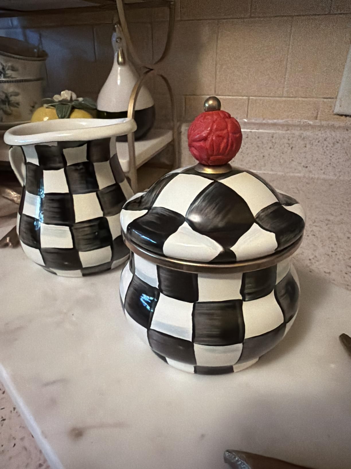 MACKENZIE-CHILDS Creamer and Sugar-Bowl Set, Gray-and-White Sterling Check customer photo 1
