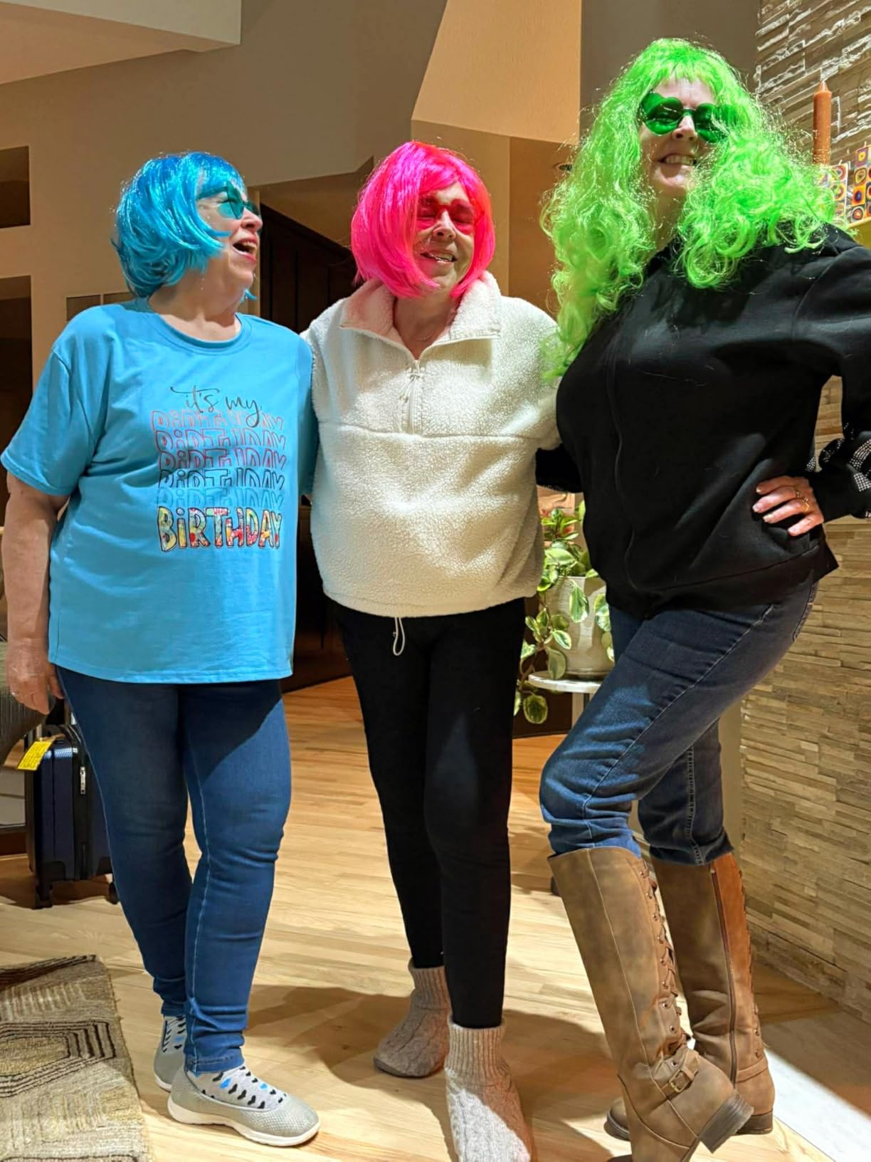 27 Pieces Colored Wigs, Funky Colorful Wigs with Heart Sunglass | Halloween Colorful Wigs, Three Styles Neon Party Wigs, Wig Cap, Women Cosplay Bachelorette Halloween Party Wigs customer photo 1