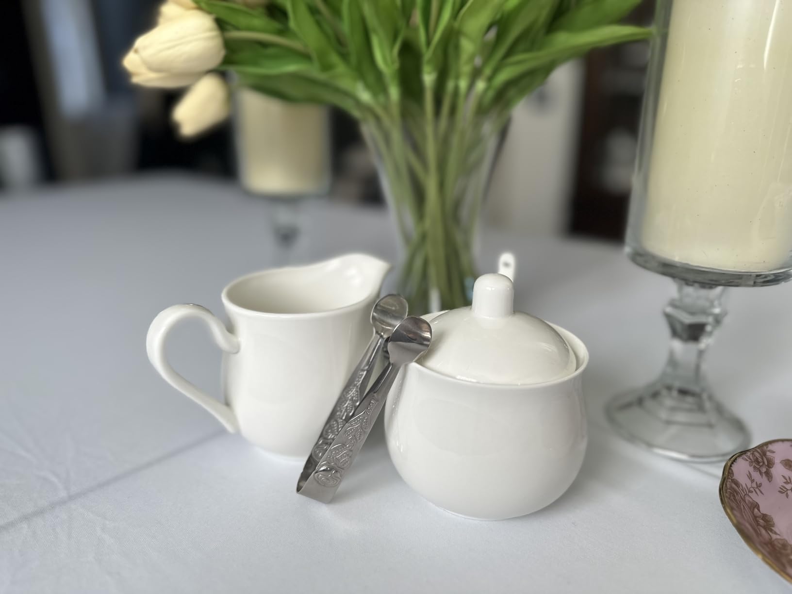 12 OZ Ceramic Sugar and Creamer Set (White) | Coffee Serving Set, 3 Piece Cream Pitcher Sugar Bowl with Lid and Spoon customer photo 1