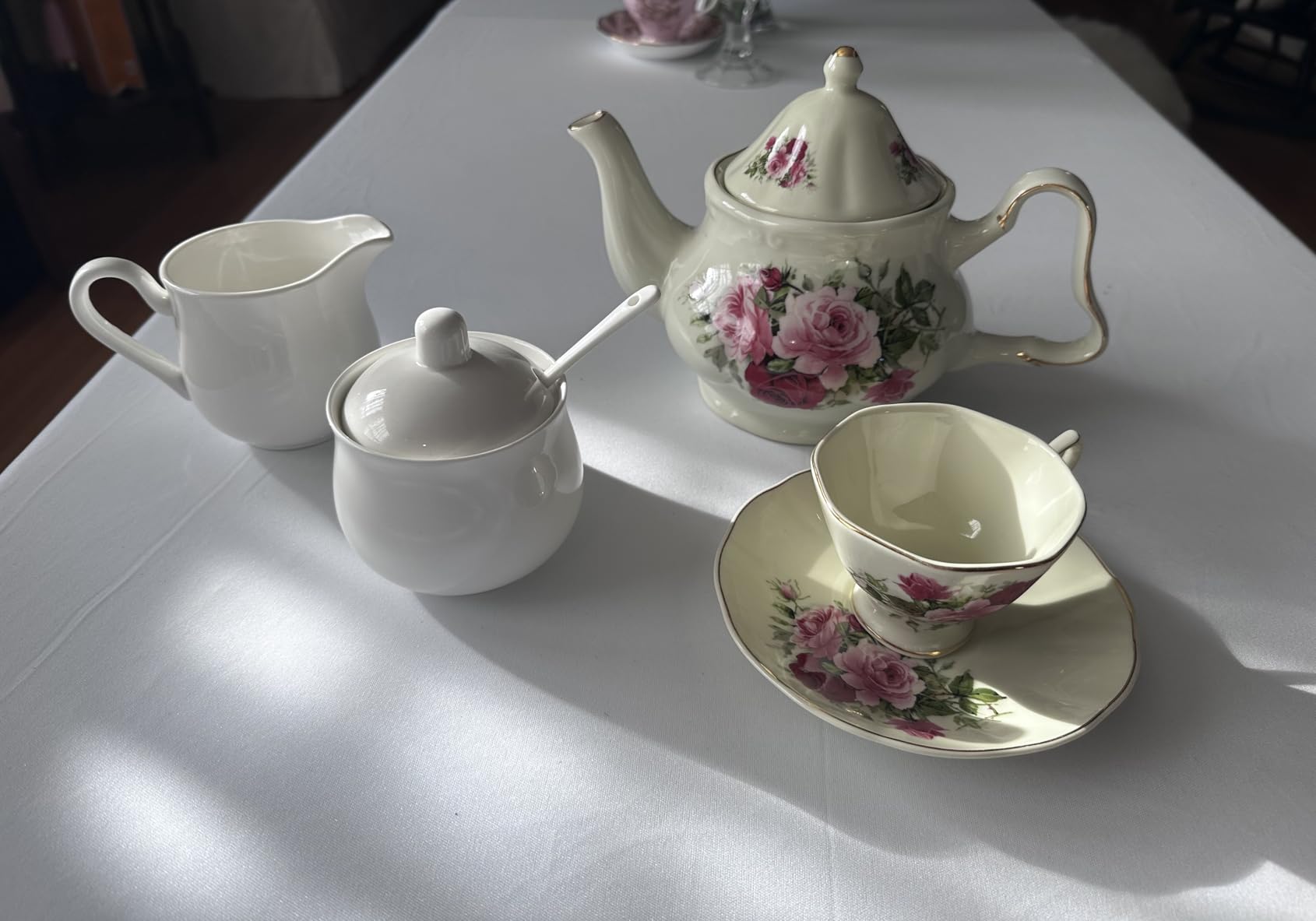 12 OZ Ceramic Sugar and Creamer Set (White) | Coffee Serving Set, 3 Piece Cream Pitcher Sugar Bowl with Lid and Spoon customer photo 2