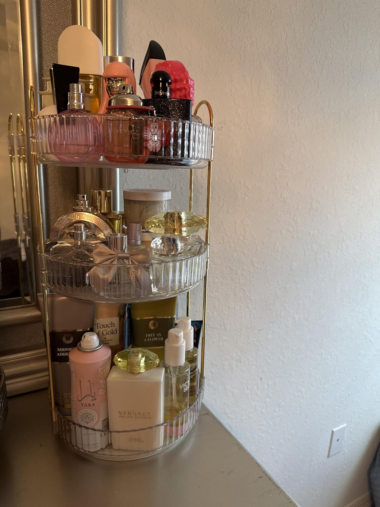 MOKANI 360 Rotating Makeup Organizer for Vanity, 3 Tier Perfume Organizer | Adjustable Multi-Function Spinning Cosmetics Skincare Storage for Bedroom, Dresser, Countertop, Clear customer photo 1