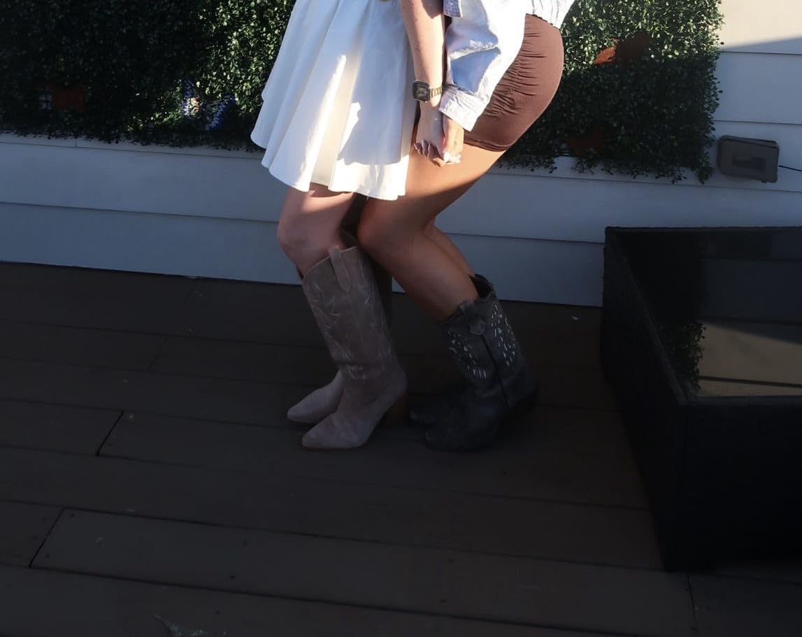 iiimmu Cowgirl Boots Women Knee High Boots Pointed Toe and Block Heel Cowboy Suede and Faux Leather Boots with Embroidered customer photo 1