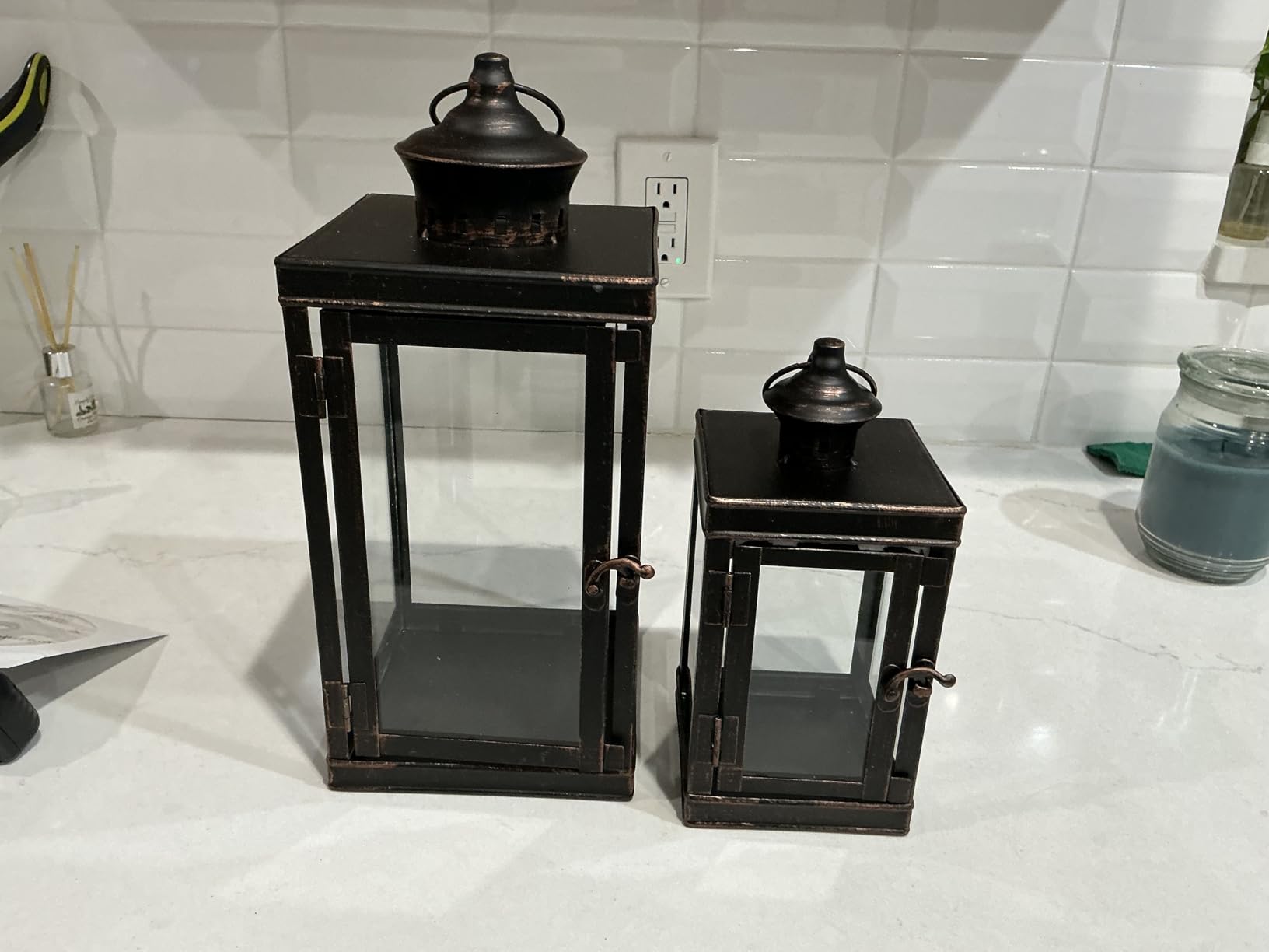 Large Lantern Decorative Outdoor & Indoor, Set of 2 (15’’&11’’) Metal Candle Lanterns Decor, Vintage Hanging Candle Holder for Front Porch Patio Wedding Farmhouse Home, Spring Decoration customer photo 2