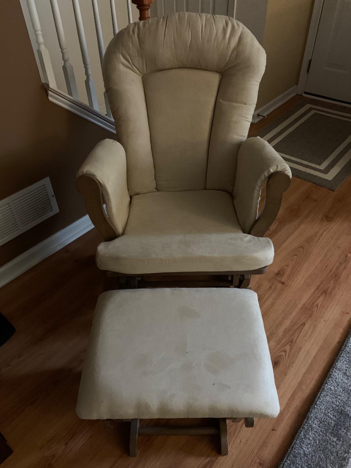 Child Craft Cozy Glider Rocker and Ottoman Set, Smooth Quiet Gliding Motion, Padded Cushion with Convenient Storage Pockets, Solid Wood Base & Frame (Matte White with Gray Cushion) customer photo 1