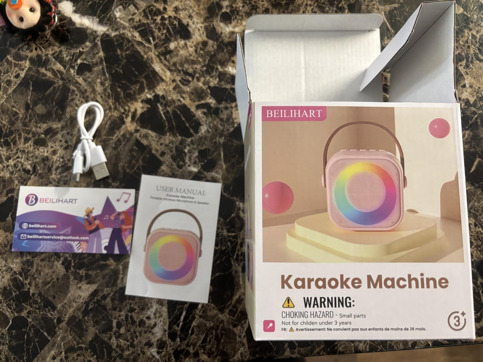 Mini Karaoke Machine,Portable Bluetooth Speaker with 2 Wireless Microphones | 360° Surround Sound,5 Voice Effects,Bluetooth 5.0,LED Lights, TF/USB/AUX, For Kids and Adults, Family Home Party and Gifts customer photo 2