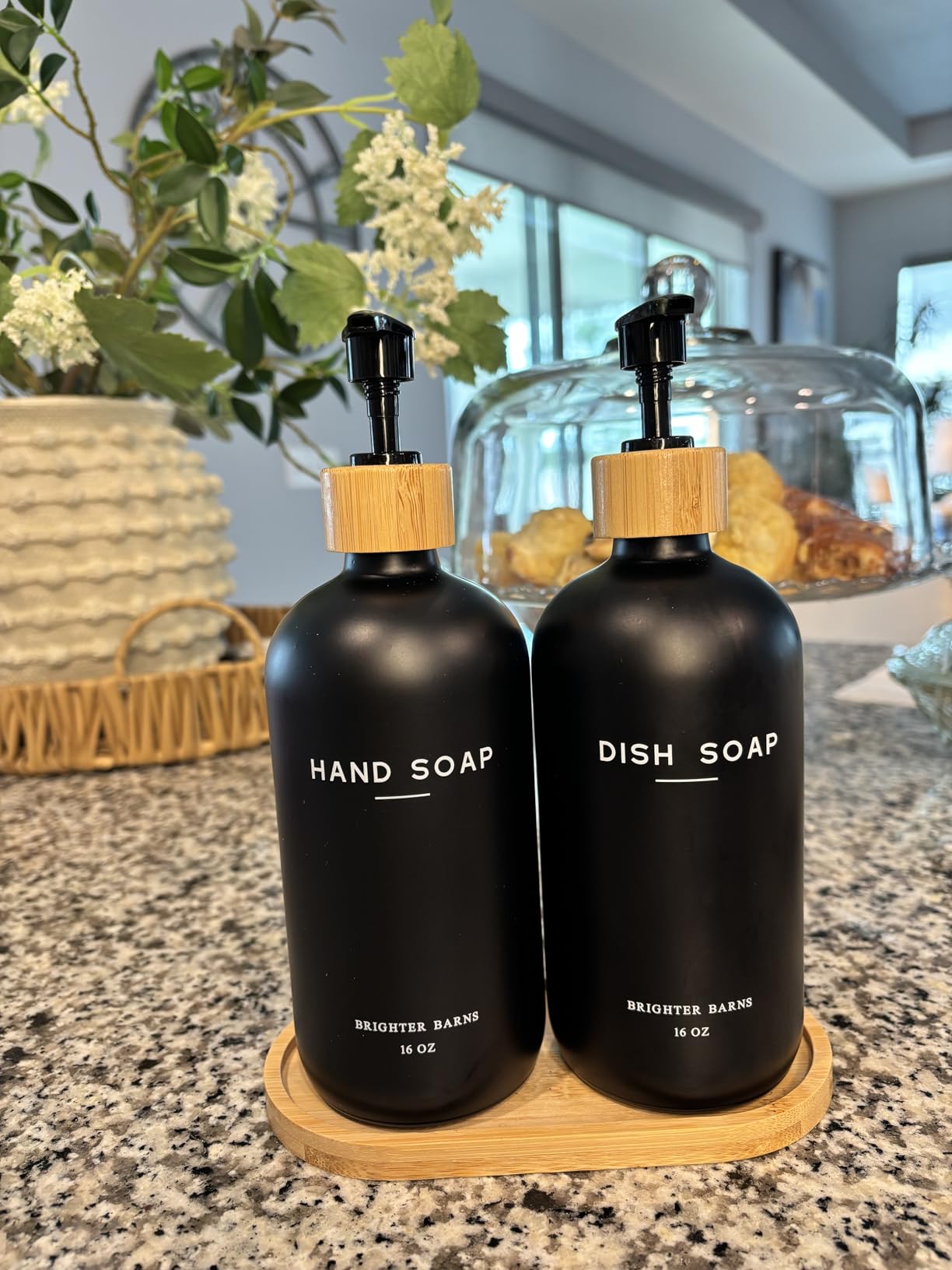 Amber Glass Hand and Dish Soap Dispenser Set by Brighter Barns - Kitchen Soap Dispenser Set with Tray - Bamboo Pump Bottles for Kitchen Sink - Modern Home Decor, Neutral Decor for Airbnb, Gift (Amber) customer photo 1