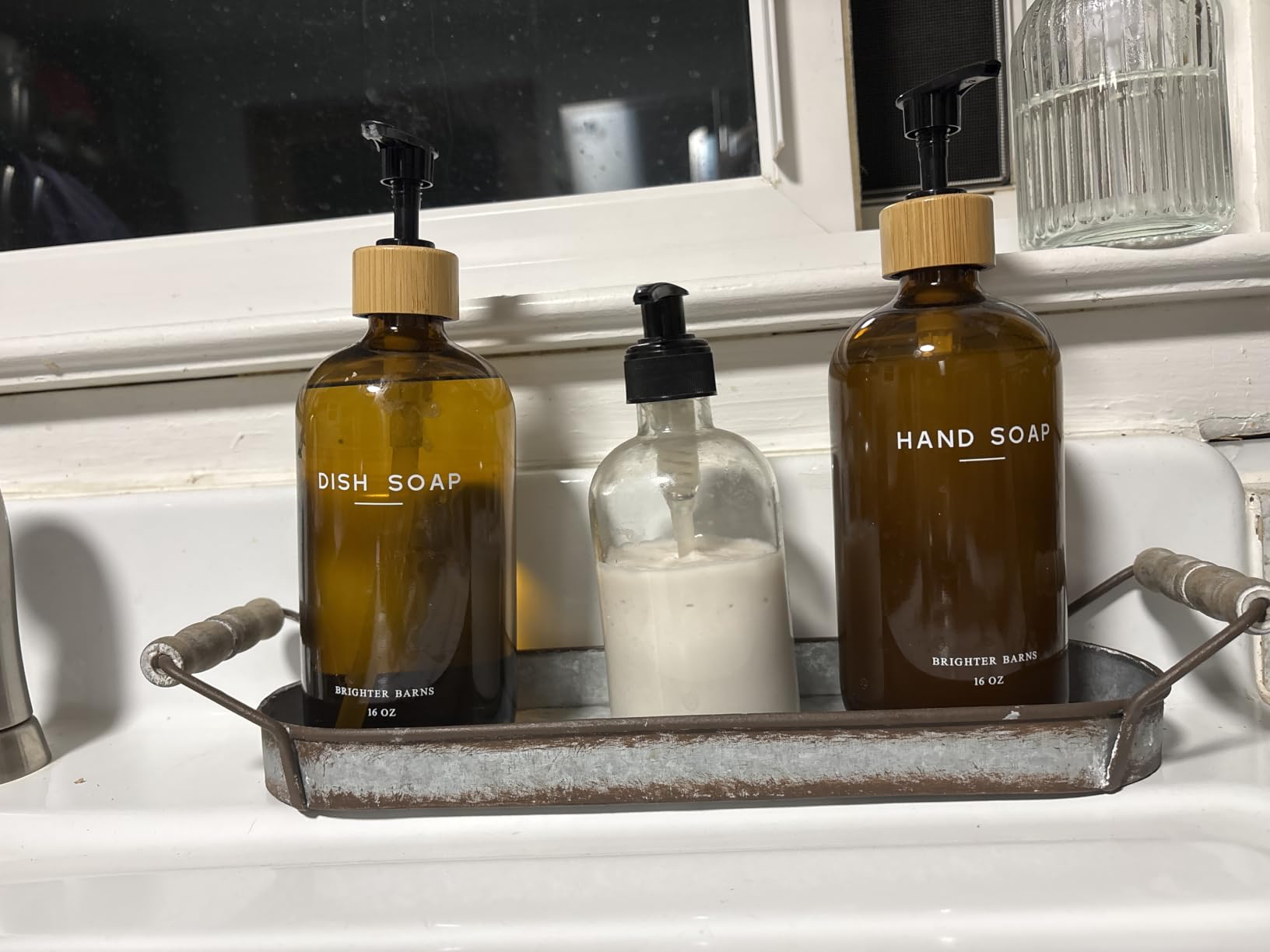 Amber Glass Hand and Dish Soap Dispenser Set by Brighter Barns - Kitchen Soap Dispenser Set with Tray - Bamboo Pump Bottles for Kitchen Sink - Modern Home Decor, Neutral Decor for Airbnb, Gift (Amber) customer photo 2