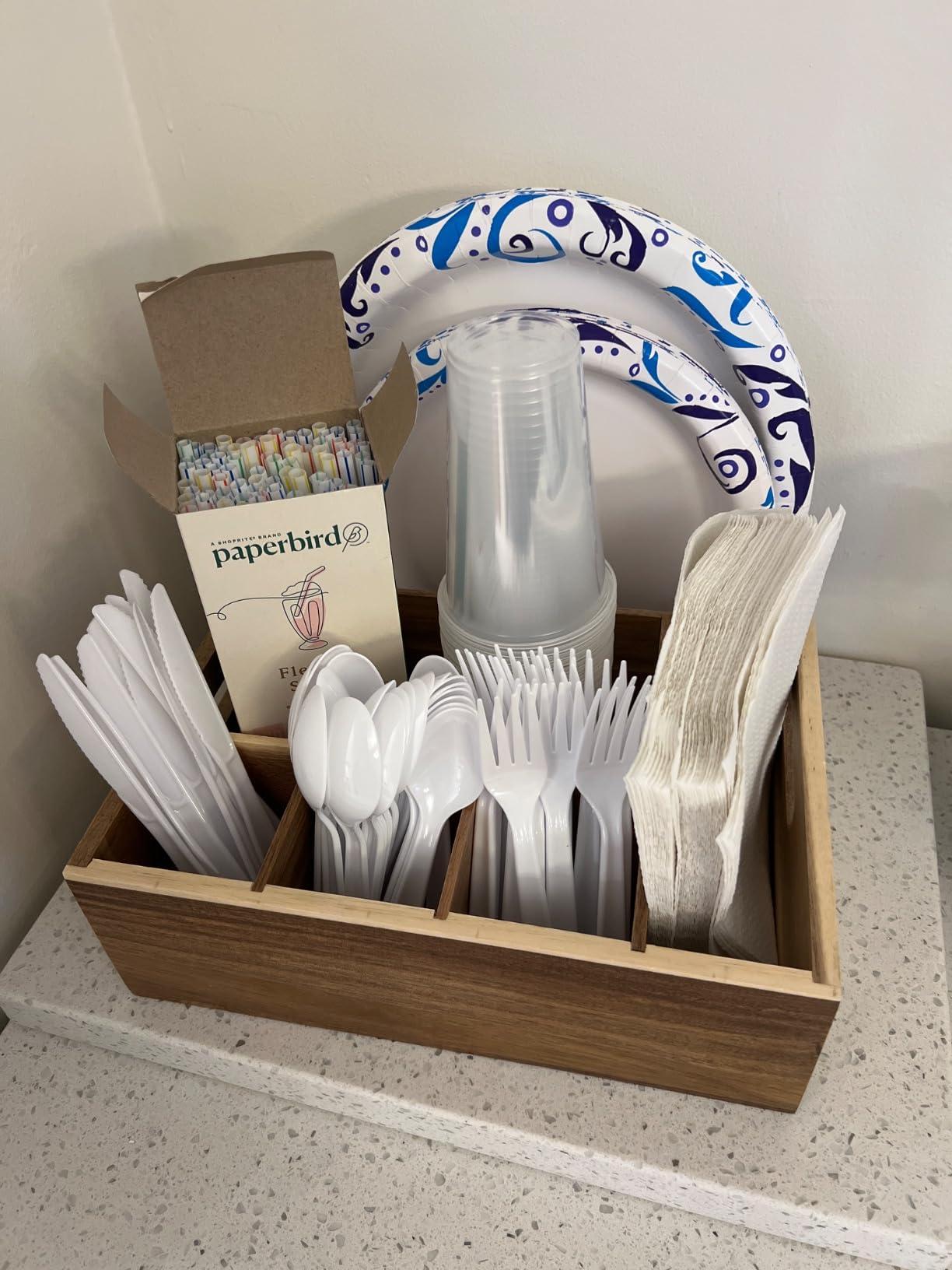 ALELION Acacia Wood Utensil Holder for Party - Paper Plate Organizer for Countertop - Silverware Caddy with 6 Compartments for Plate, Cup, Fork, Spoon - Cutlery Holder for Kitchen Camping Buffet customer photo 2