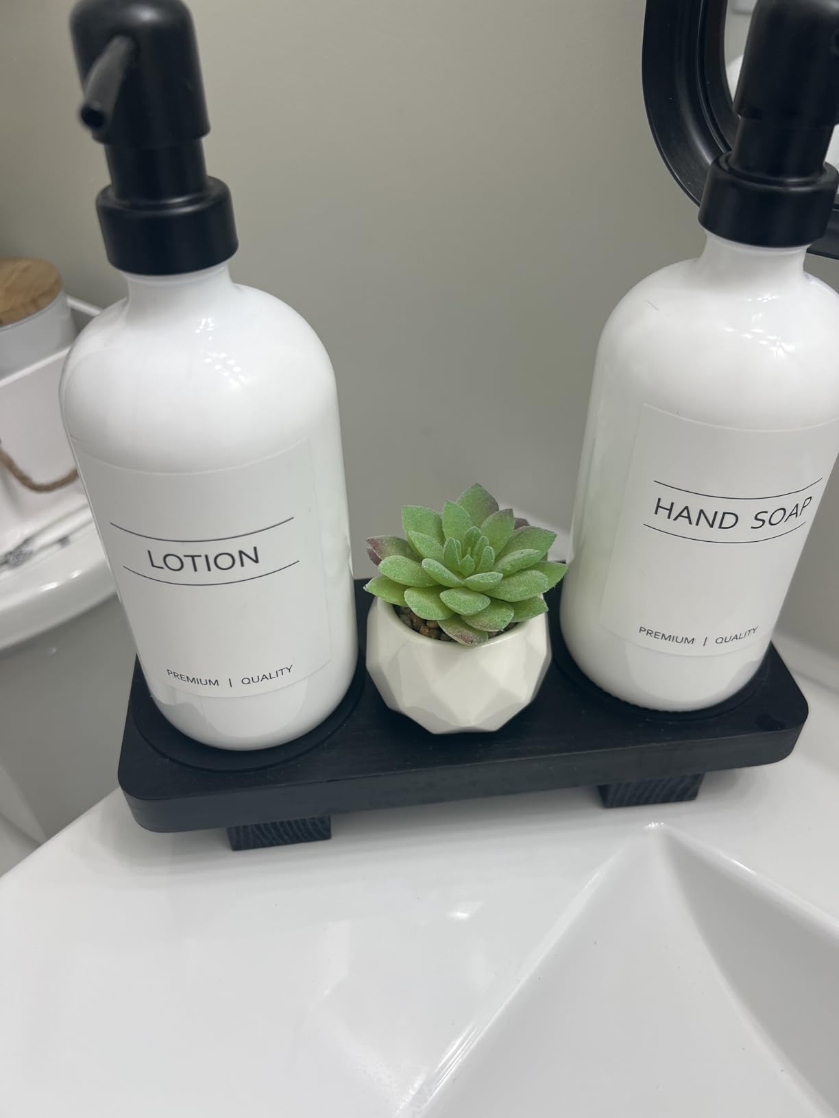 Kitchen Soap Dispenser Set with Wood Riser Tray, Amber Glass Soap Dispenser with Stainless Steel Pump, Hand and Dish Soap Dispenser Set for Kitchen, Soap and Lotion Dispenser Bathroom Decor(Amber) customer photo 1