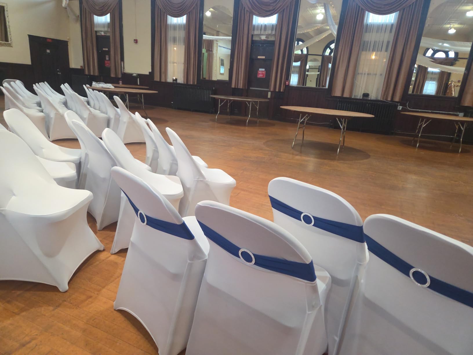 WJWHQ 100PCS Spandex Stretch Chair Sashes Bows Elastic Chair Cover Bands Ties with Buckle Slider for Wedding Party Reception Events Universal Ceremony Banquet Decorations (Gold) customer photo 2