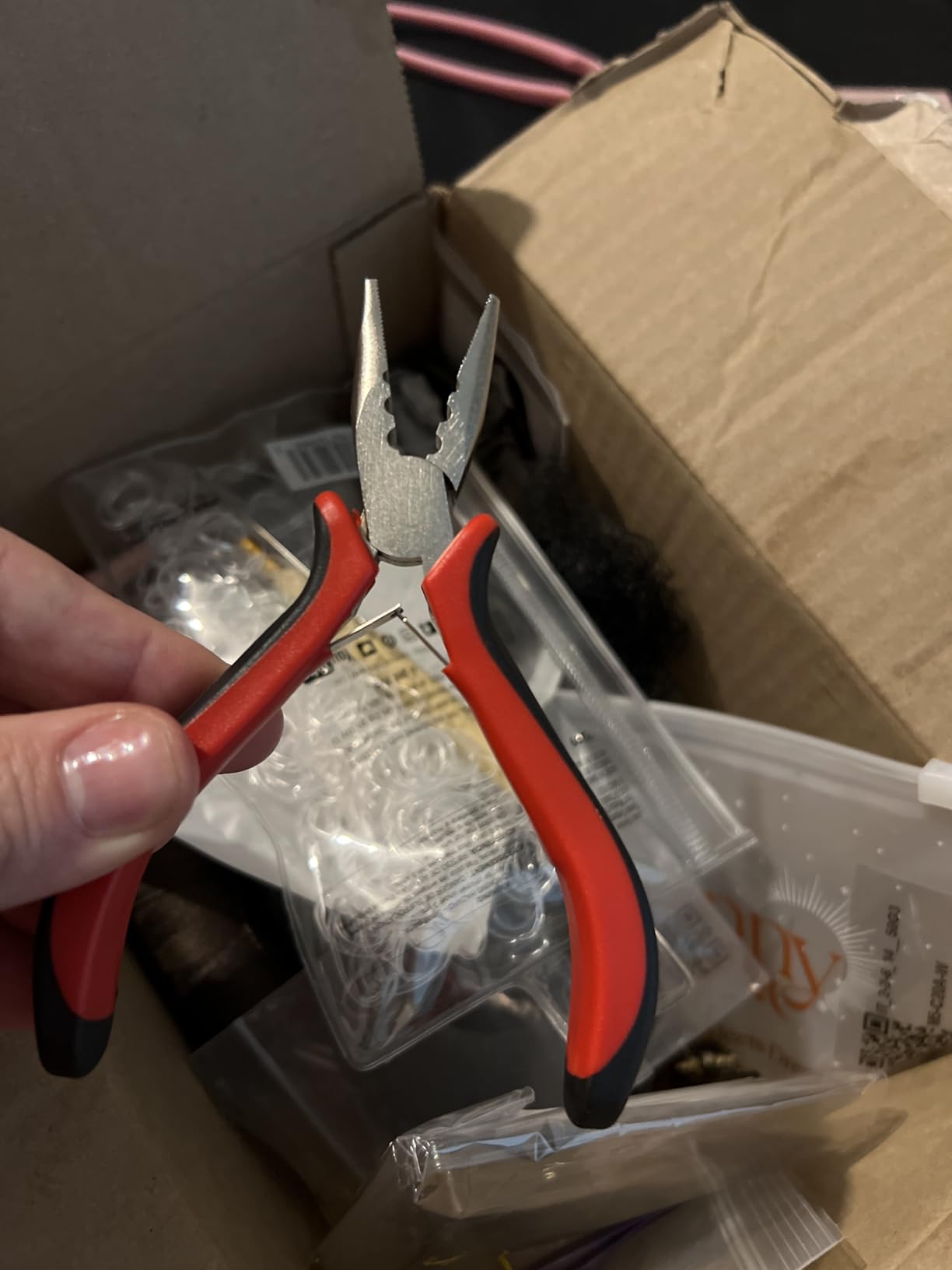 Hair Extensions Tool Kit: 200 Pcs Silicone Lined Micro Links Beads, 1 Three Hole Hair Pliers, 1 Roll Sewing Thread, 1 Loop Needle Threader, 1 Pulling Hook Needle, 8 Sewing Needles (Dark Brown) customer photo 2