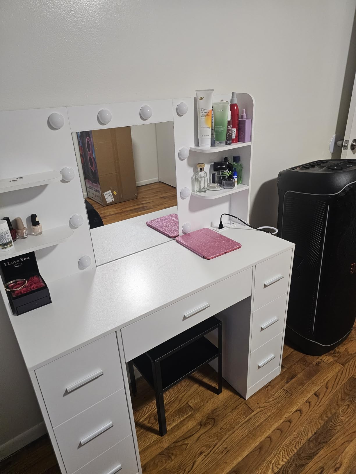 YESHOMY Vanity Desk with Mirror, Outlet, 10 Lights & 7 Drawers,Pure White | Lighted Mirror with 3 Color Modes,Makeup Table,Large Storage Capacity,Available for bedroom customer photo 1