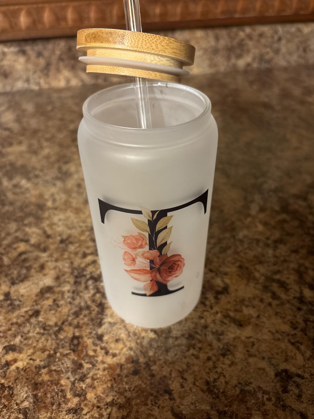 Personalized Gifts for Women, Monogrammed Frosted Glass Tumbler with Straw and Lid, Cute Customized Mug, Custom Initial Iced Coffee Glasses, Customizable Drinking Cup, Birthday Teacher Woman, A customer photo 1