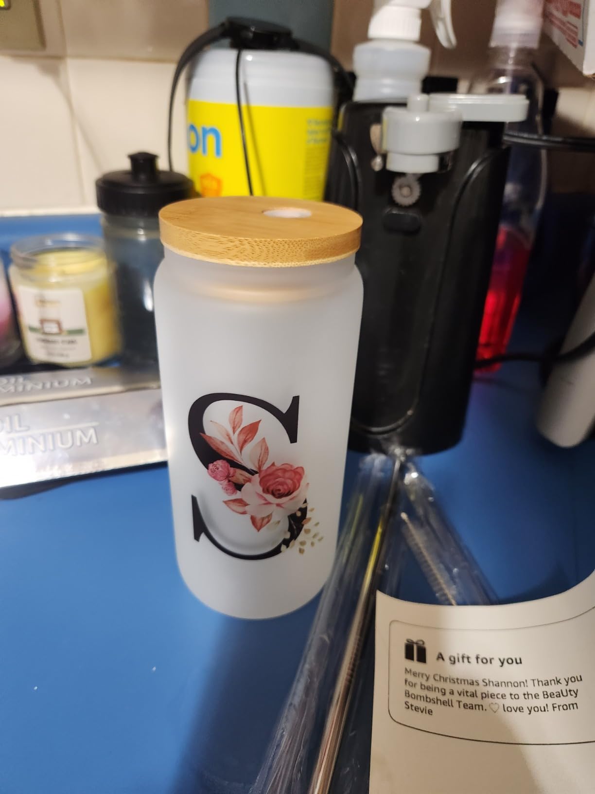 Personalized Gifts for Women, Monogrammed Frosted Glass Tumbler with Straw and Lid, Cute Customized Mug, Custom Initial Iced Coffee Glasses, Customizable Drinking Cup, Birthday Teacher Woman, A customer photo 2