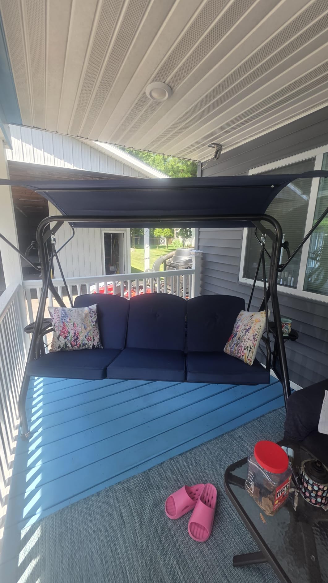 ZZW 800LBS Patio Swing with Canopy 3 Seat Outdoor Porch Swing with Stand w/Cup Holder & Pillow Glider Chair Swing Bed for Patio Backyard Poolside (Khaki) customer photo 2